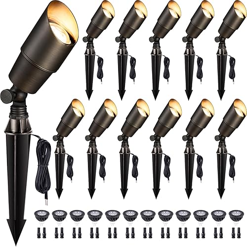 Miniatura 10 de Gardenreet Mini foco de paisaje de latón macizo, 12 V, bajo voltaje, iluminación LED para exteriores con bombilla LED MR16 de 5 W, 2700 K, blanco