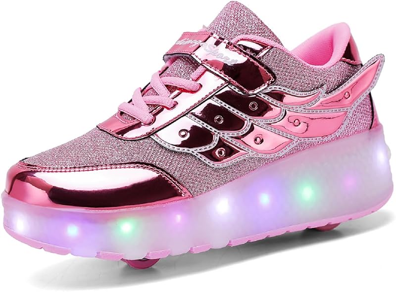 USB Charging LED Lights Glitter Skateboard Sports Shoes with Retractable Wheels Outdoor Multisport Luminous Running Sneakers for Children Girls and Boys