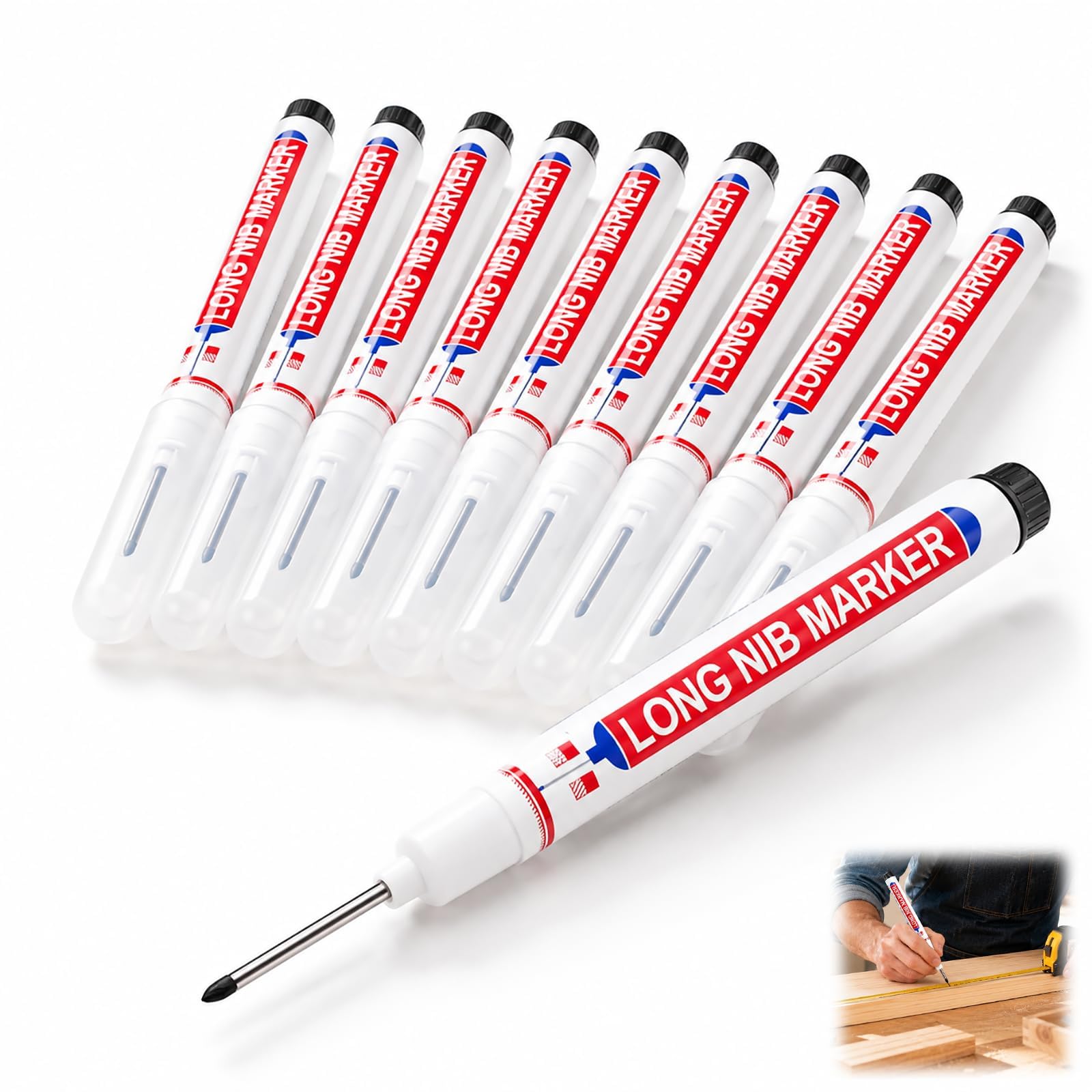 10 Stück Tieflochmarker, Schwarz, Textmarker, Zimmermannsmarker lang, 20 mm, Zimmermannsmarker für Holz, Metall, Kunststoff, präzise Markierung für enge und schwierige Bereiche