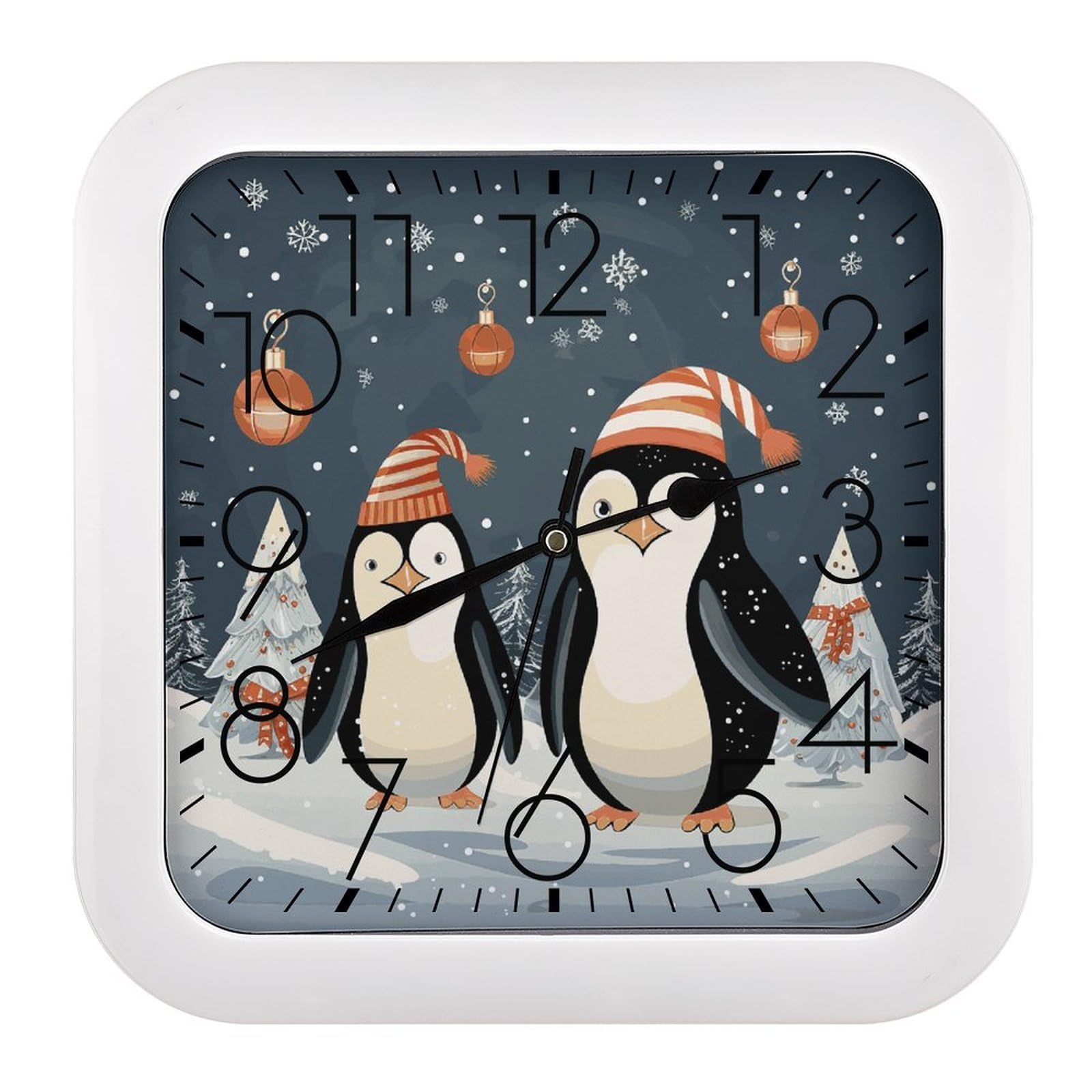 LDGSUPH Merry Christmas Penguins Wall Clock Silent Non-Ticking Modern Clock Personalized Vintage Square Clocks for Travel Office Kitchen Home Decorative Clocks 10.2 Inch