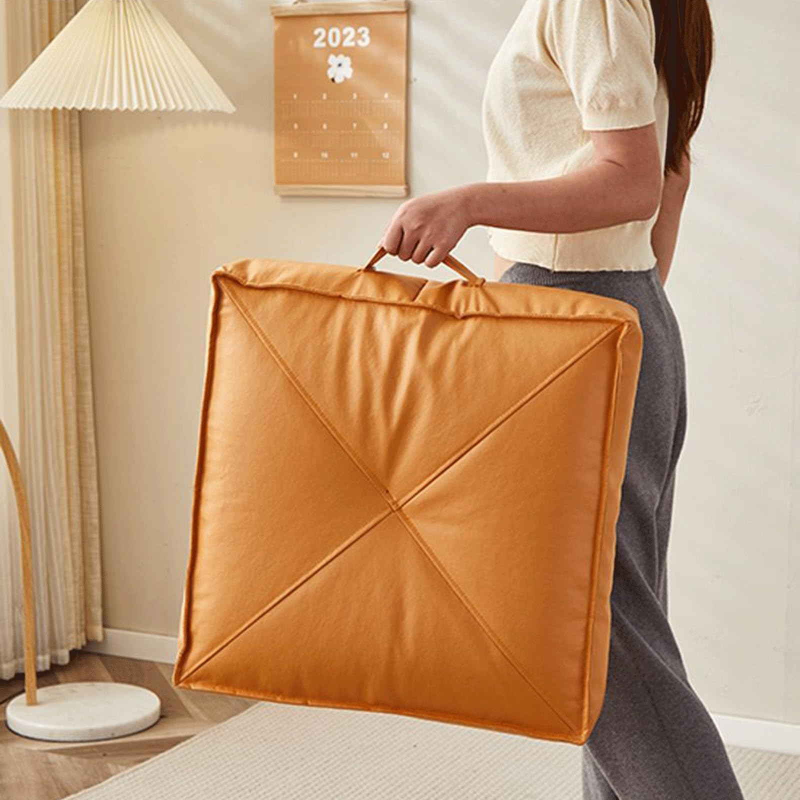 15 cm dickes japanisches Bodenkissen, quadratisches Kunstleder-Sitzkissen, tragbar, wasserdicht, Matte, Kissen für Yoga, Wohnzimmer, Schlafzimmer, Fenstersitz (Größe: 60 x 60 x 15 cm, Farbe: Beige)