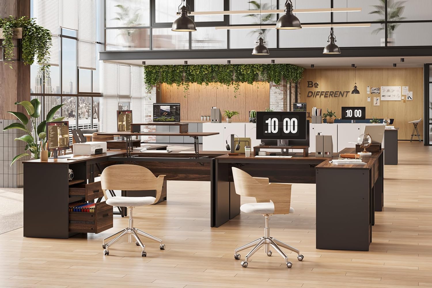 Bestier L Shaped Standing Desk with Lift Top, 55" x 55" Standing Corner Desk for Home Office, Computer Desk with Reversible File Drawer and Monitor Stand, Walnut