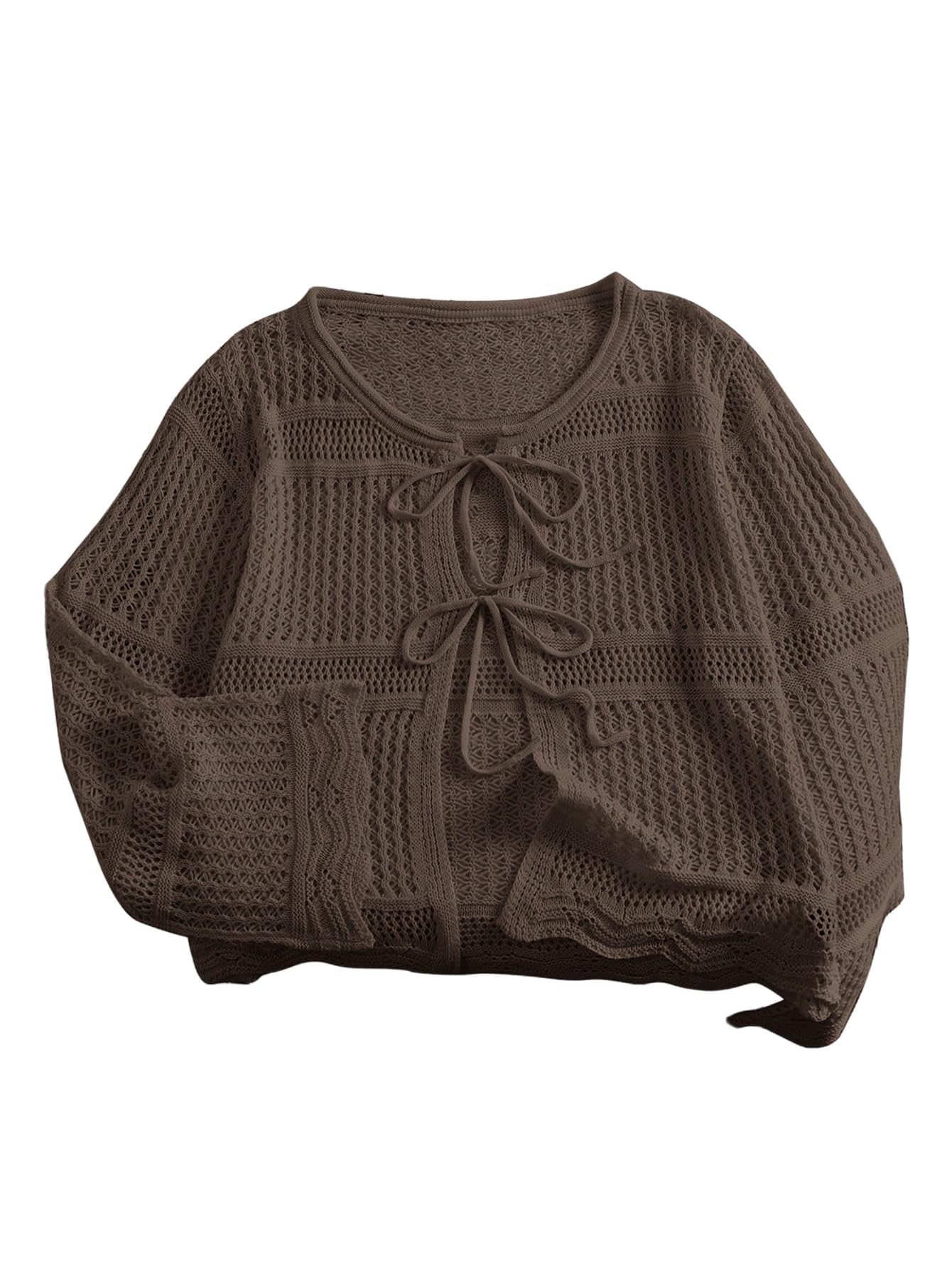Womens Plus Size Hollow Out Crochet Ties Cardigan Fashion Casual Lightweight Knit Long Sleeve Knitwear