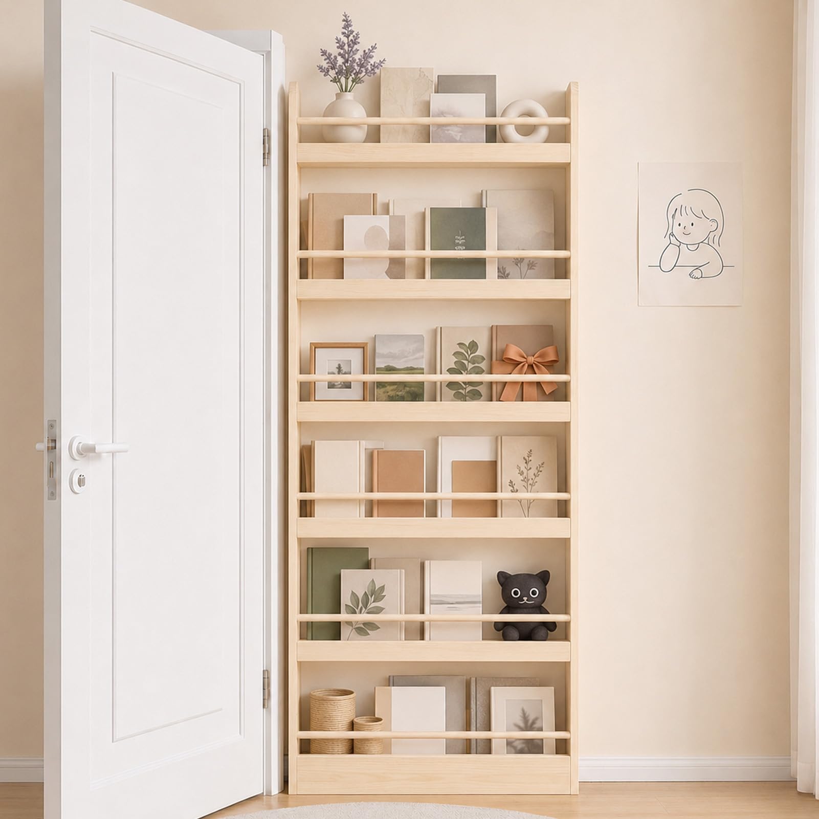 6-Etagen schmales Bücherregal, platzsparendes Holzregal