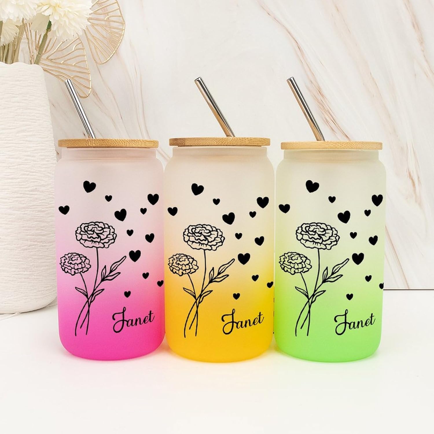 16 Oz Glass Coffee Cup Customized Birth Flower Glass Water Bottle with Bamboo Lid – Reusable Water Cups Glass Cups with Bamboo Lid And Straw – Women’s Day Gifts for Colleague