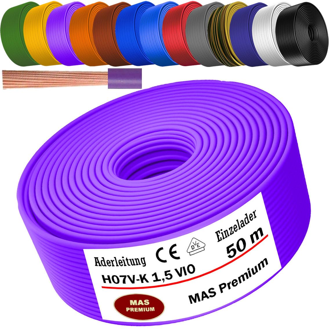 Câble conducteur H07 V-K de 5 à 100 m - 1 x 1,5 mm² - Flexible - Fil simple (violet, 50 m).