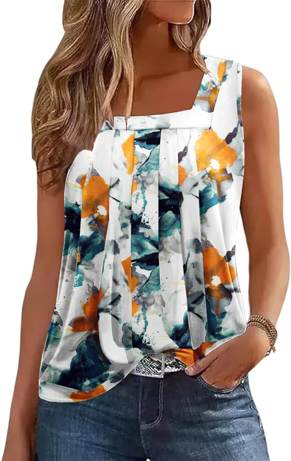 Zeagoo Womens Tank Tops Summer Sleeveless Loose Fit Square Neck Pleated Shirts Banded Basic Casual Trendy Clothes