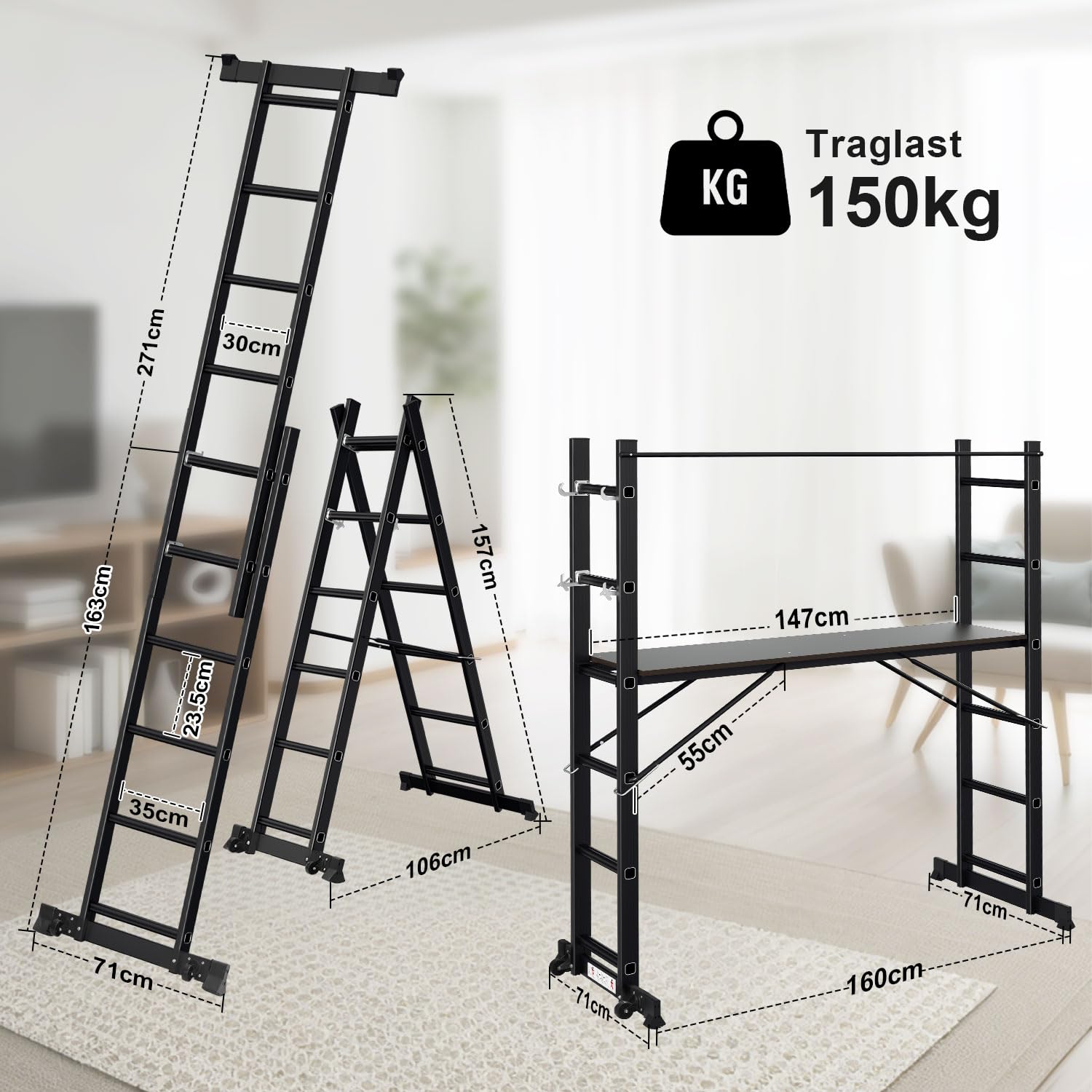 Gimisgu Andamio, escalera multifunción 4 en 1 de aluminio 6+6 peldaños, andamio móvil multiusos con plataforma y 2 ruedas, plataforma de trabajo, andamio de trabajo, soporta hasta 150 kg máximo, Negro