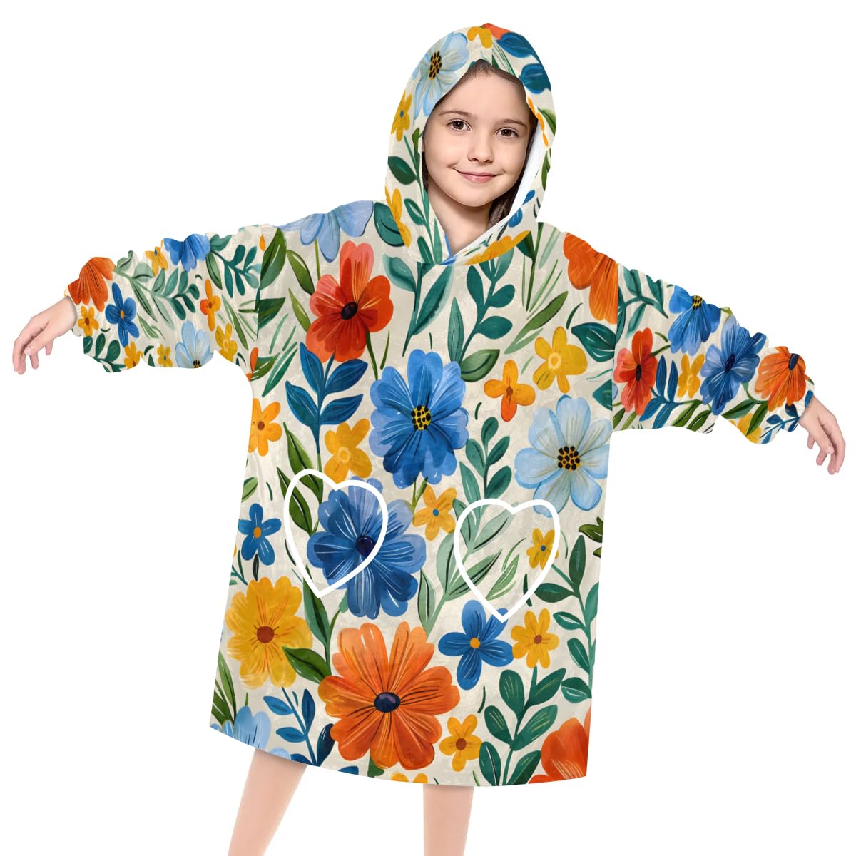 Wearable Blanket Hoodie for Kids, Watercolor Floral Fleece Sweatshirt Blanket Oversized Blanket Sweatshirt with Pocket Flannel Warm Hooded Blanket 6-10 Year Old Girl Boy Gift, One Size