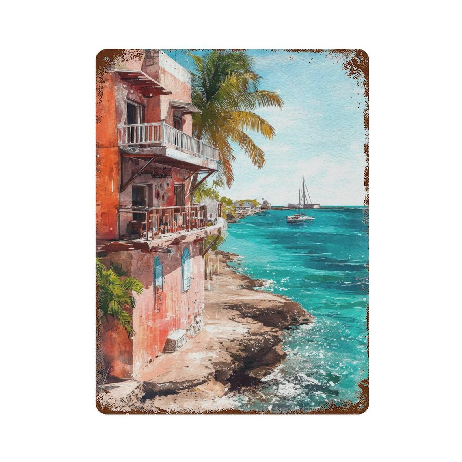 xiaoxiaoshen Isla Mujeres Mexico Watercolor Travel Caribbean Coastal Wall Decor Art Metal Tin Poster Modern Home Decor Art Home Bar Shop Decorations Vintage Sign 40x30cm