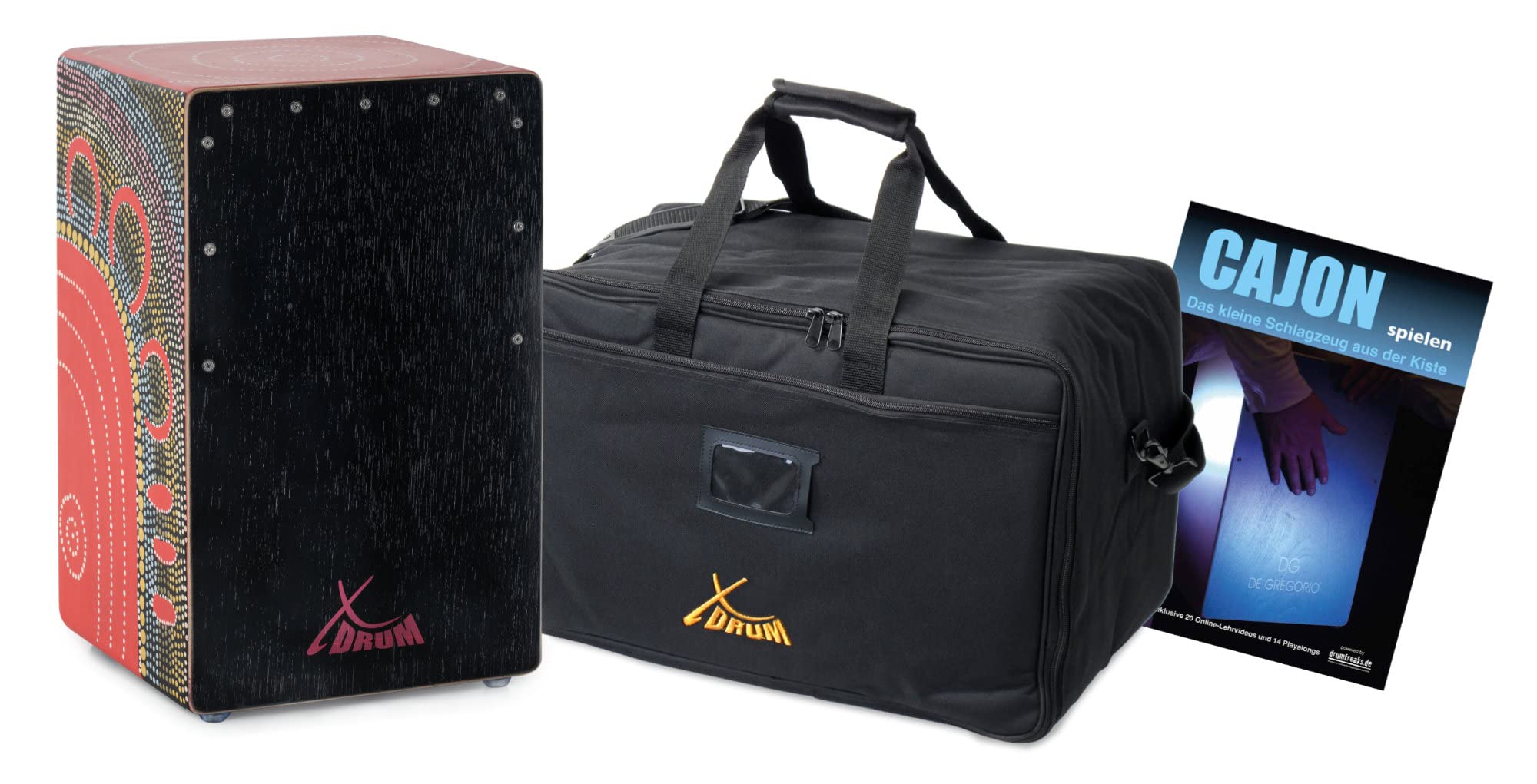 Set Cajon XDrum Design Series "Flower" con Borsa + Scuola, Basso potente | Cajon Designer dipinto a mano con fiori Dot Art, Bass Port integrato, Corpo: HPL (High Pressure Laminate), 5 cm, Peso 3, 6 kg