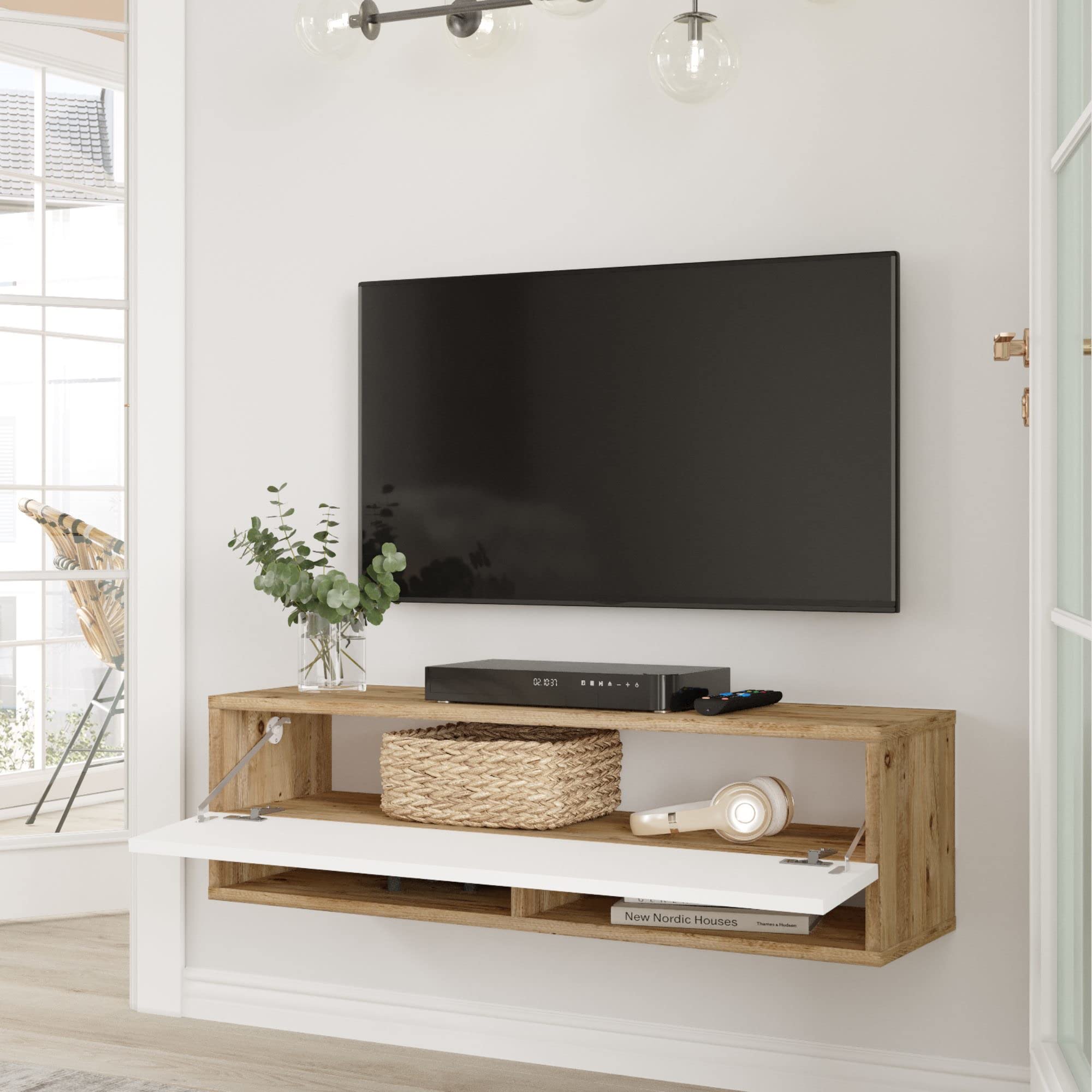 [en.casa] Consolle da Parete (AxLxP) 29,5 x 100 x 31,5 cm con Anta e Scomparti Armadio a Muro con Apertura a Ribalta Mobile Porta TV - Rovere Rustico/Bianco