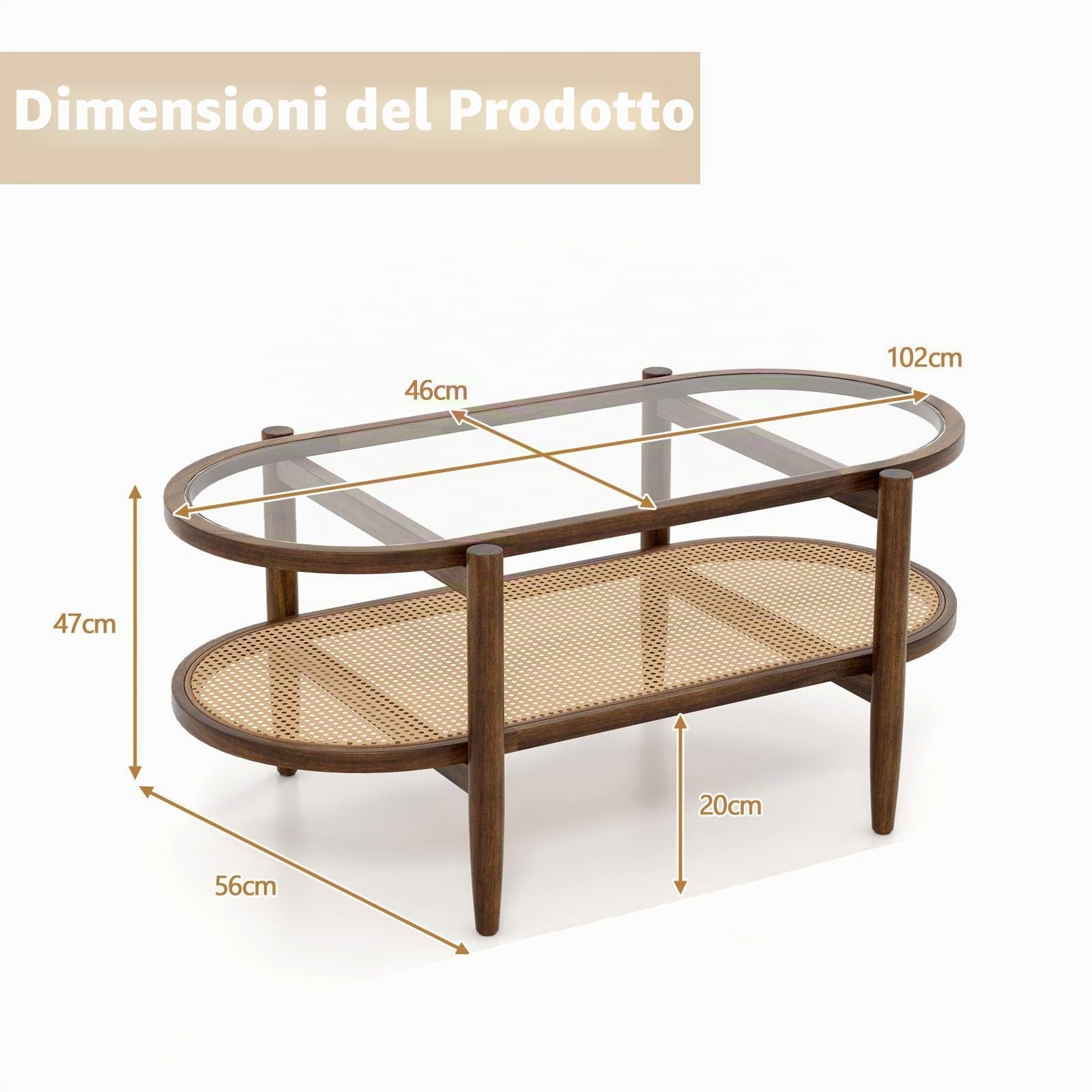 LIFEZEAL Tavolino Salotto, in Legno Massello e Vetro, Tavolino da Caffè, da Soggiorno, Moderno, Basso, Ovale, a 2 Ripiani, con Decorazione in Rattan, Max 90 kg, 102x46x47 cm, Marrone Rustico