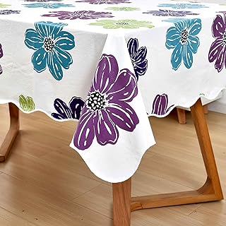Water Resistant Cute Flower Purple Tablecloth Rectangle for Kids Room Vinyl with Flannel Backing Reusable Plastic Table Cover 47x60 Inch