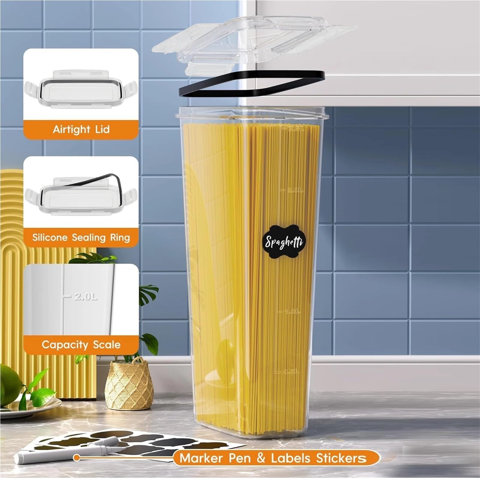 3 Sets luftdichte Frischhaltedosen – 2,4 l, groß for Speisekammer und Küchenorganisation, for Müsli, Nudeln für Mehl, Reis, Müsl