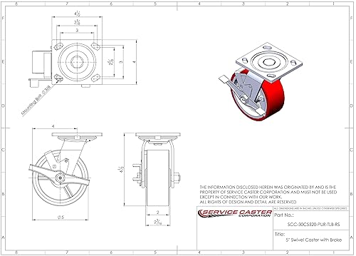 Vista 10 de Rueda rígida de poliuretano sobre hierro fundido con rueda roja de 4 pulgadas, capacidad de 700 libras, marca Service Caster