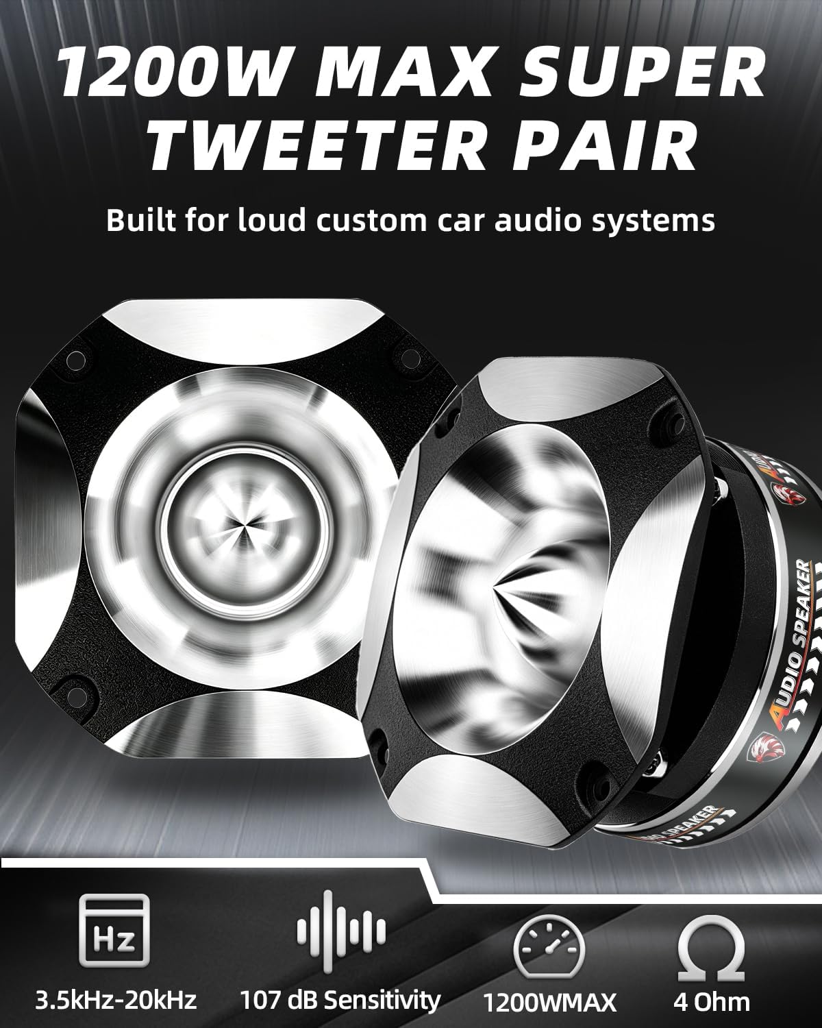 4 Inch Black Silver Super Tweeters for Car Audio, 1200W MAX 4 Ohm Bullet Tweeter Speakers Pair, 107dB Titanium Compression Drivers with 1.5 Inch Voice Coil for Door Panels Speaker Boxes