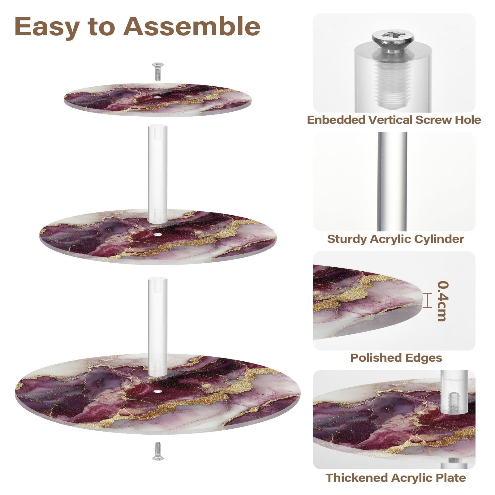Zathe Marble Burgundy White Acrylic Circular Tray Spill-Proof Three-Layer Pallet Dressing Room
