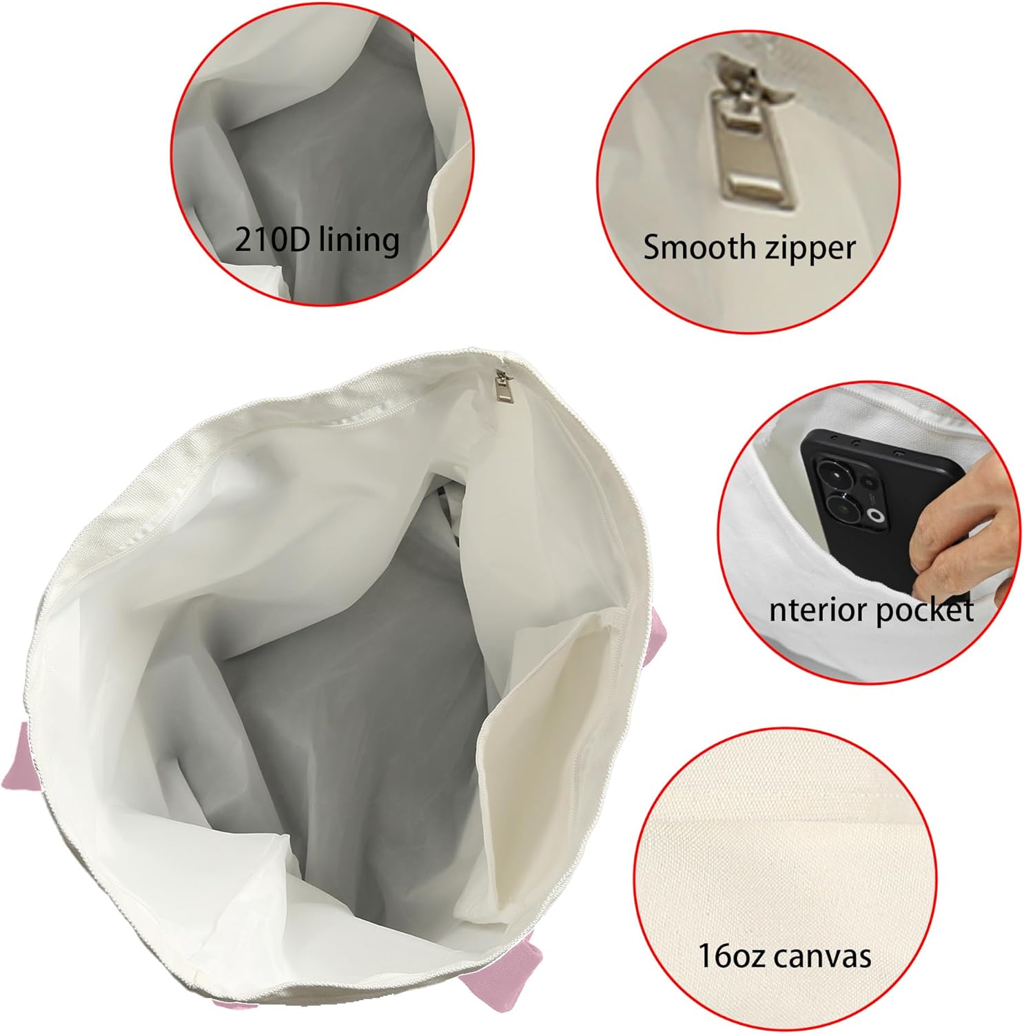 Extra Large Canvas Tote Bag with External Pocket, Reusable Grocery Shopping Bag with Waterproof Lining, Top Zipper - Image 2