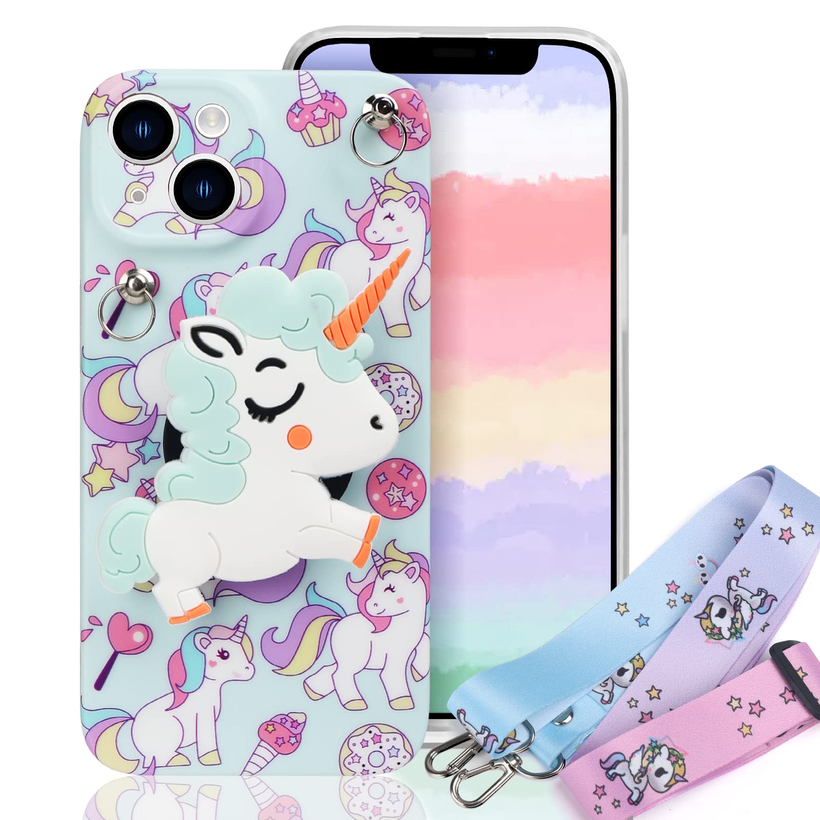 Guppy for iPhone 14 2022 Women 3D Cute Cartoon Unicorn Kawaii Style with laryard and Stand Protective TPU and IMD Anti-Slip Girls Case for iPhone 14
