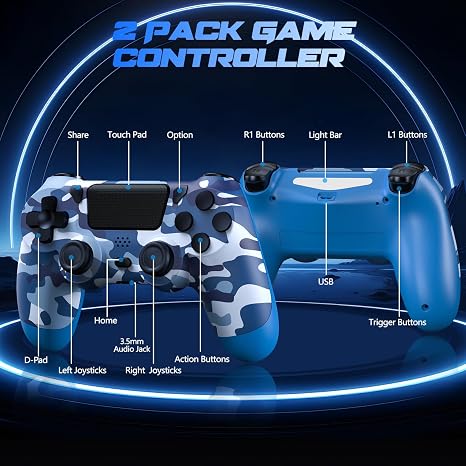 AROEVEIB 2 Pack Controller for PS4 Console, Wireless Game Controller with Motion Control, Dual Vibration, 3.5mm Headphone Jack, 2 USB Cable