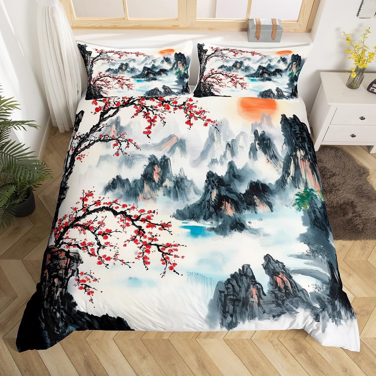 Feelyou Kids Cherry Blossoms Bedding Set Twin Size Boys Girls Spring Sakura Flower Comforter Cover Set Japanese Style Duvet Cover Floral Botanical Bedspread Cover (No Comforter)