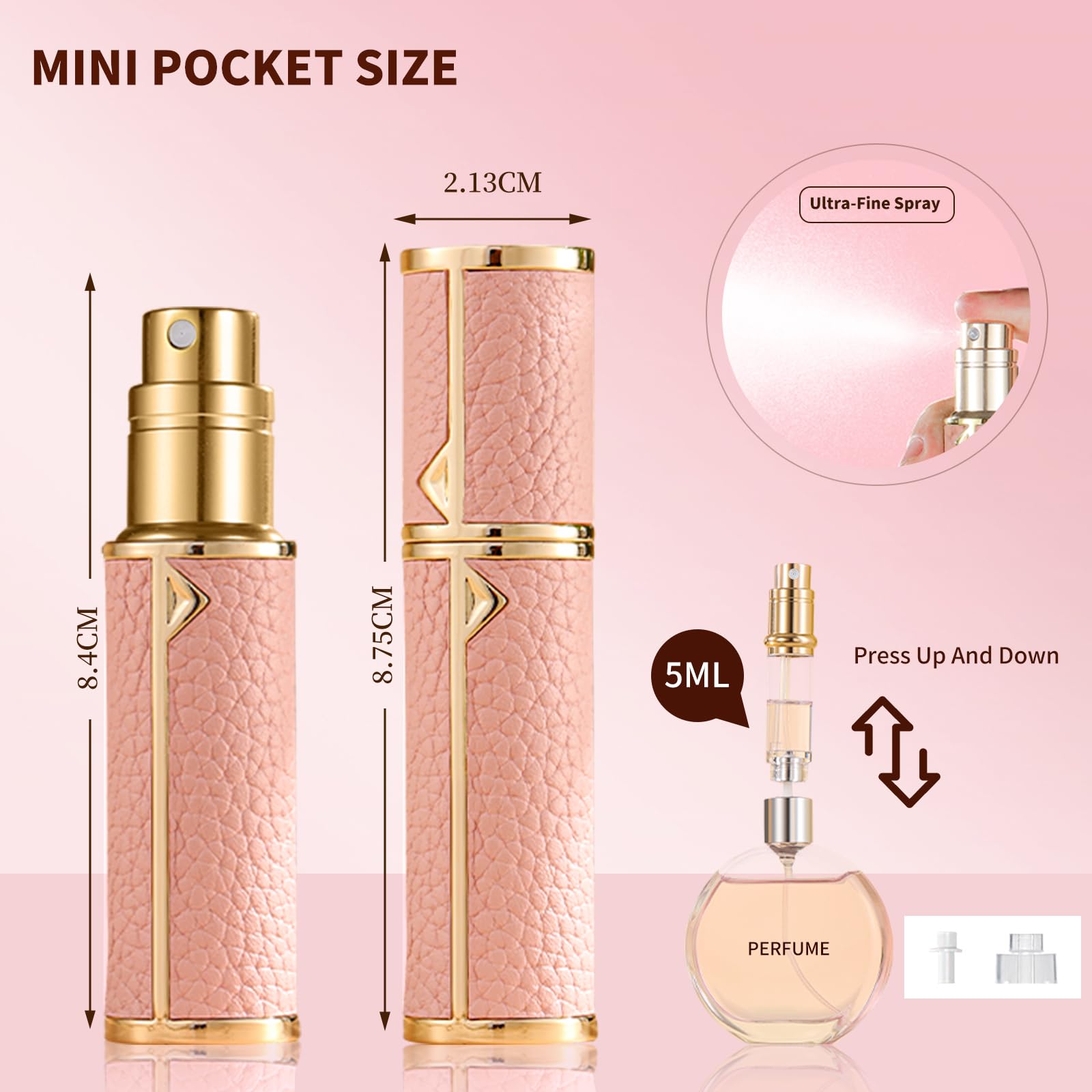 5 ml rozpylacz perfum podróżny do wielokrotnego napełniania, 2 szt., butelka na perfumy z dolnym napełnianiem, mini dozownik wody kolońskiej, lekki przenośny rozpylacz (biało-różowy)