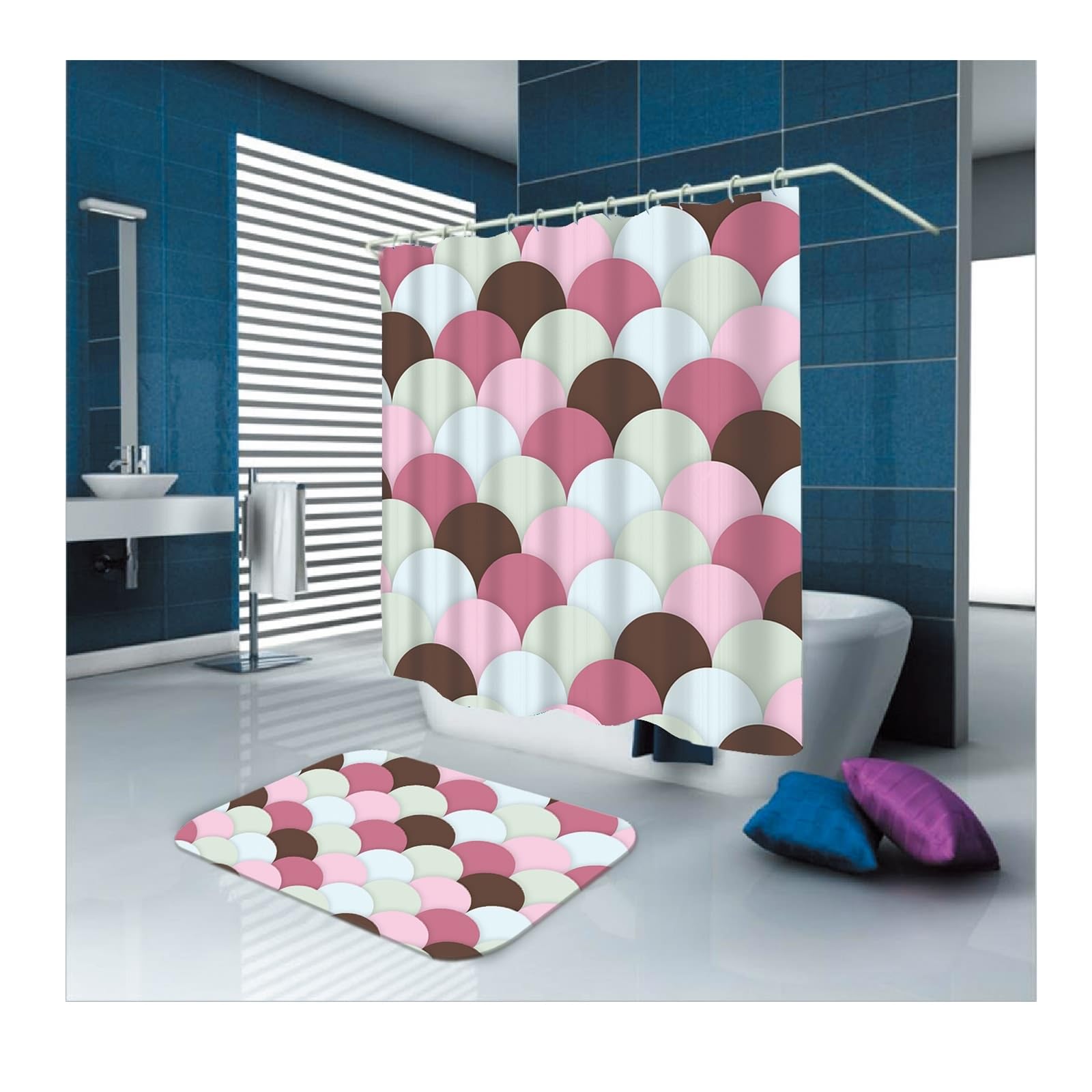 Rideau de douche textile 165x200 cm à motif cercles blanc rose et marron