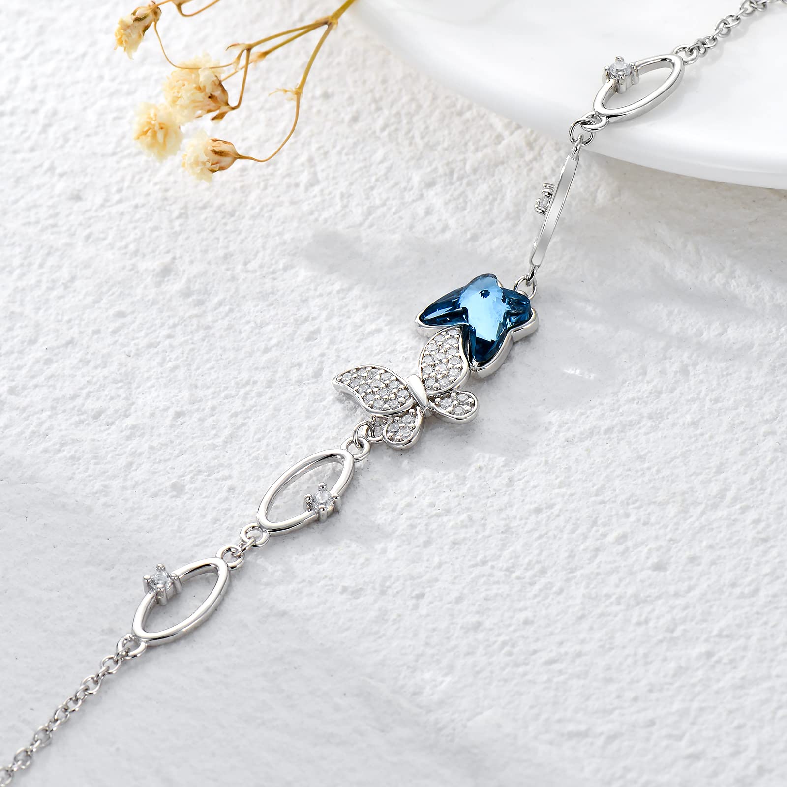 Mariposa/libélula pulsera, joyas mariposa libélula azul/púrpura cristal damas de honor pulsera plata 925 mujer regalo de graduación para niñas mujeres, Adjustable (17.78 cm + 2 extension