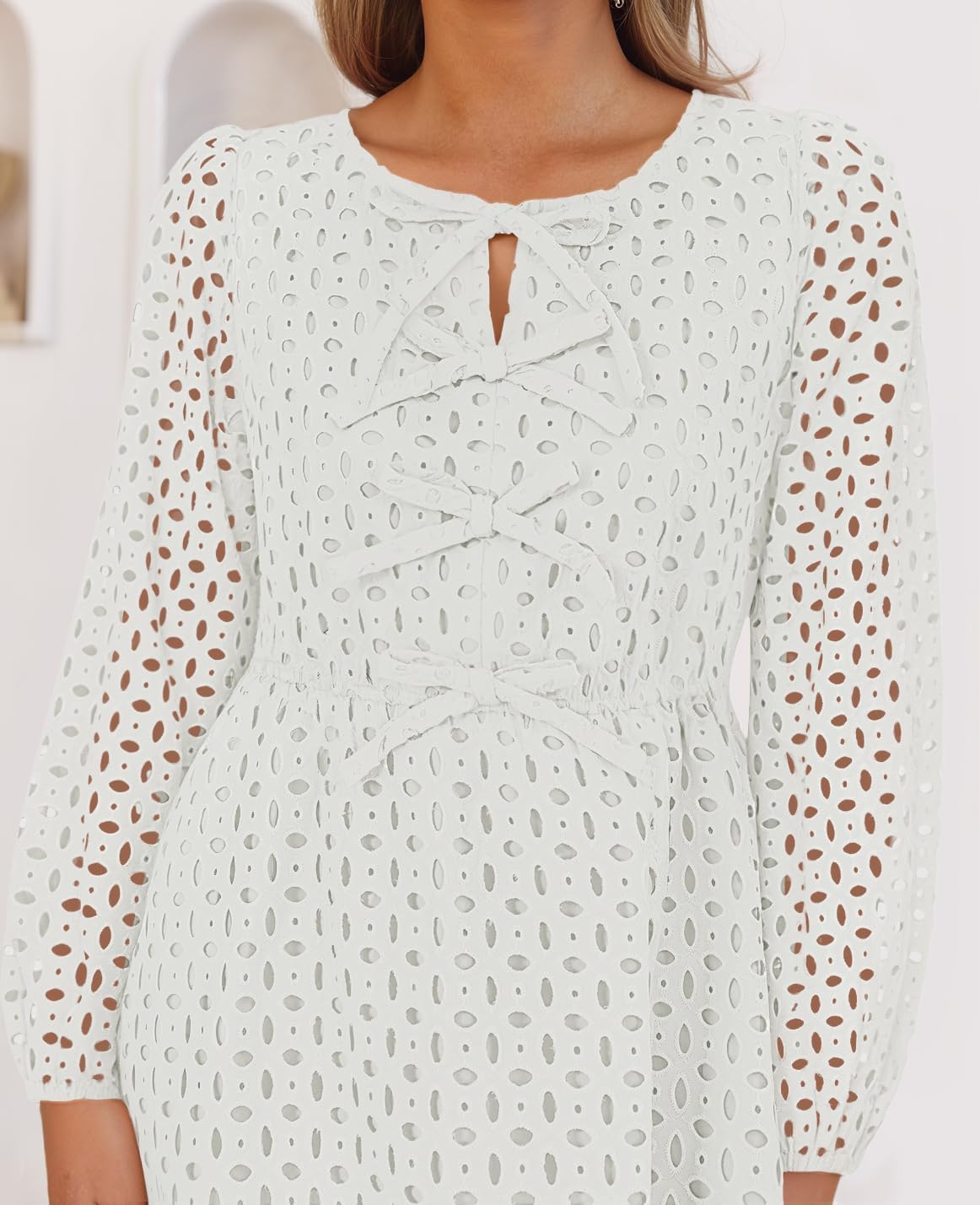 ZESICA Women's Long Sleeve Mini Dress 2026 Fall Crewneck Tie Front Hollow Out Eyelet Babydoll A Line Short Dresses - Image 4