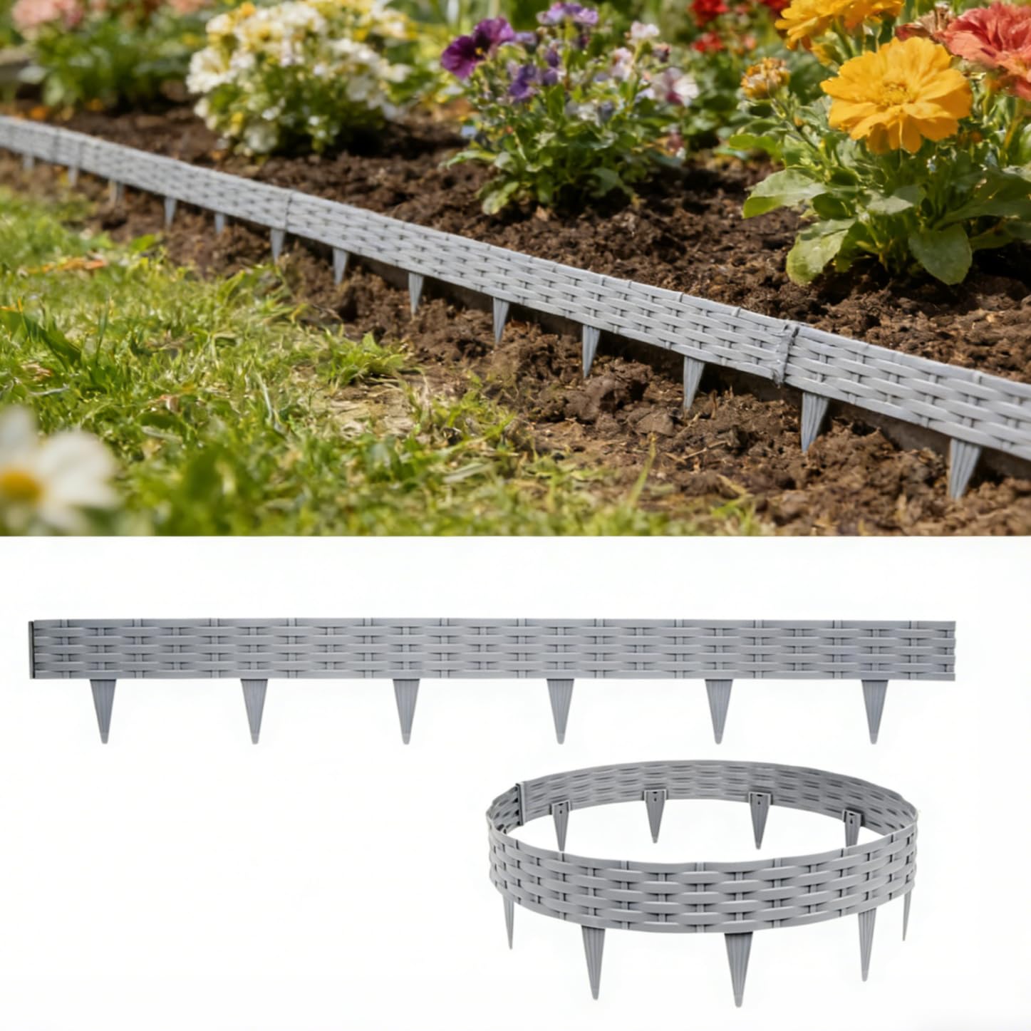 10M Bordure de Jardin Plastique, Bordure de Jardin Aspect Rotin, Bordures de Parterre Flexible Résistant, Palisade Parterre Extérieur, Bordures Pelouse pour Gazon Verger Potager, Gris