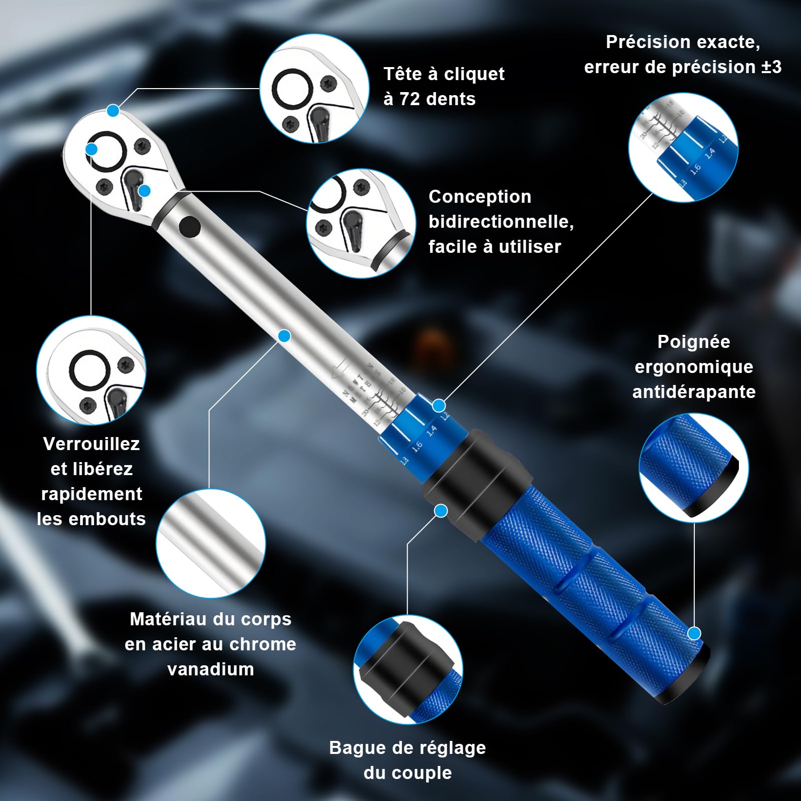 15 Pièces Clé Dynamométrique 1/4", Précision ±3%, 2-24Nm Cle Dynamométrique Velo, Cliquet Réversible à 72 Dents, Rallonge de 100 mm pour Vélo/Moto/Route