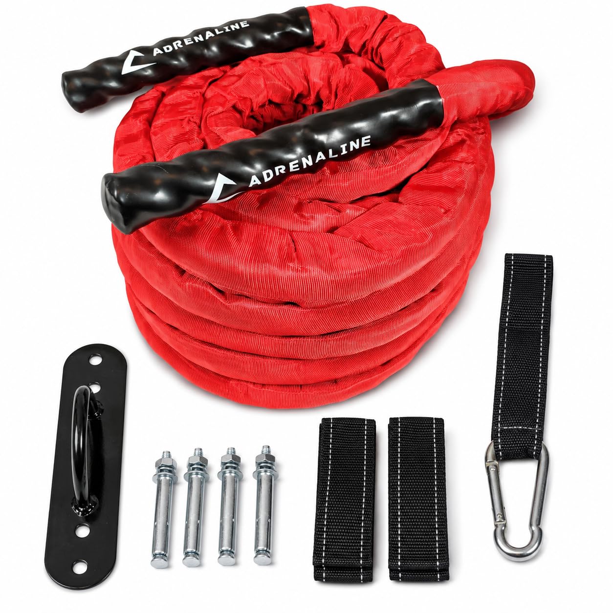 Adrenaline Battle Rope 12 m, 38 mm, 9,5 kg, con Rivestimento in Nylon, Maniglie in Gomma, Kit di Fissaggio a Muro, Strap e Moschettone