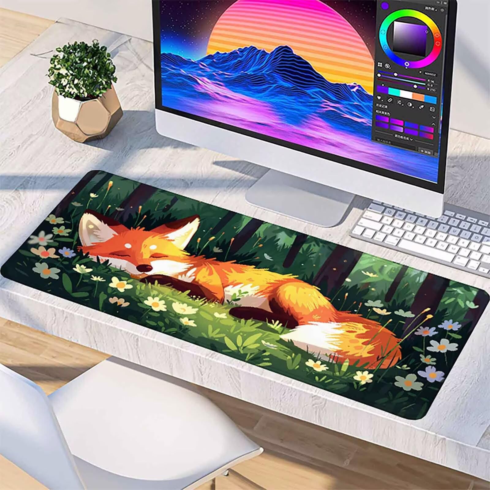 Podkładka pod mysz z lisem XXL podkładka pod mysz do gier 1200 x 600 mm, wodoodporna podkładka pod mysz, zielona podkładka pod mysz z antypoślizgową gumową podstawą i przeszytymi krawędziami, do gier