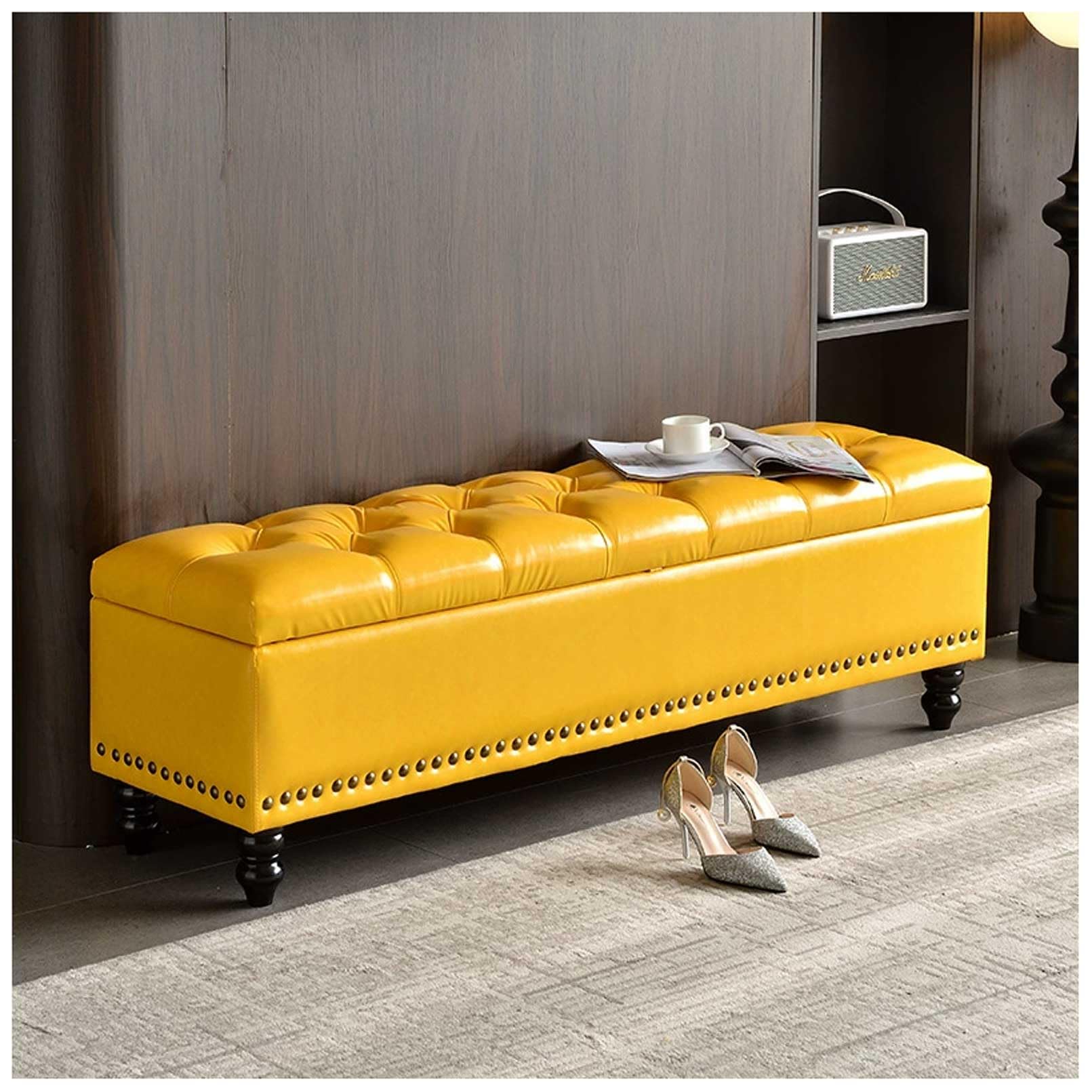 MSHGSKU Yellow Storage Bench 330kg Capacity Wooden Frame Ottoman Footrest Pouf for Bedroom Entryway Shoe Storage 31x15.7x16.9in Stylish & Functional Furniture