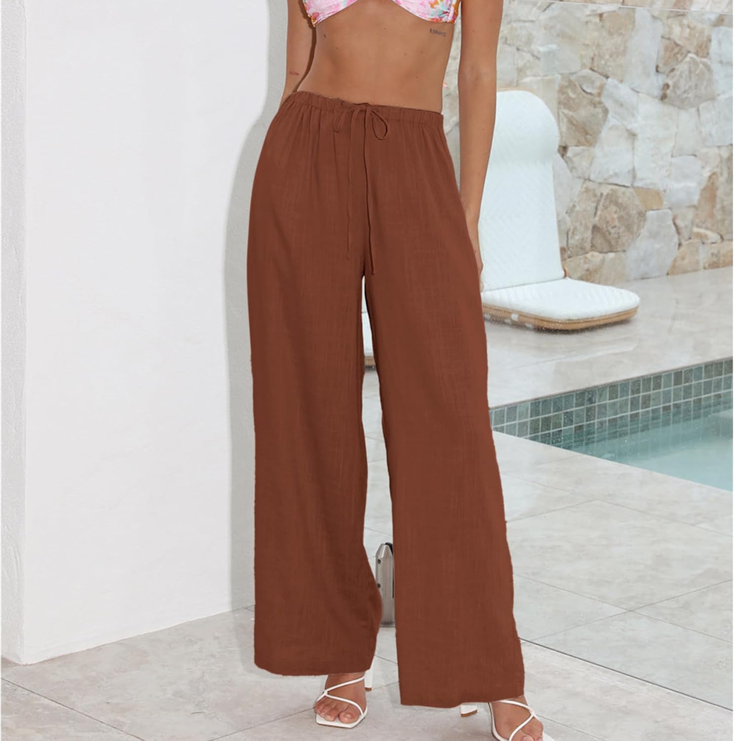 Duyang Womens Cotton Linen Palazzo Pants Drawstring Elastic Waist Casual Wide Leg Trousers with Pockets Large Brick Red image 5 of 7 B0C98N7ZP2