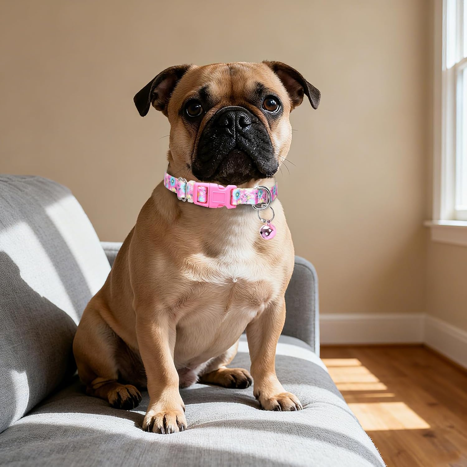 XS XXS Dog Collar Girls,Pink Flower Breathable Puppy Collar with Bell image 5