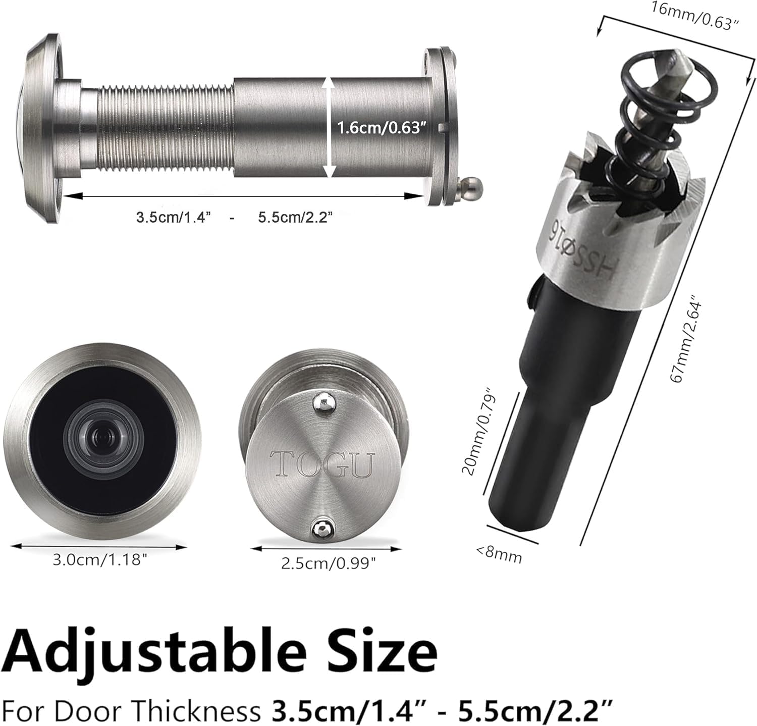 TOGU 220-degree Solid Brass Peep Holes for Door with 16mm Drill Bit, 0.63 inch Door Peephole with Privacy, Compatible with Door Thick from 1-3/8" to 2-1/6", Brushed Nickel Finish，100 Sets