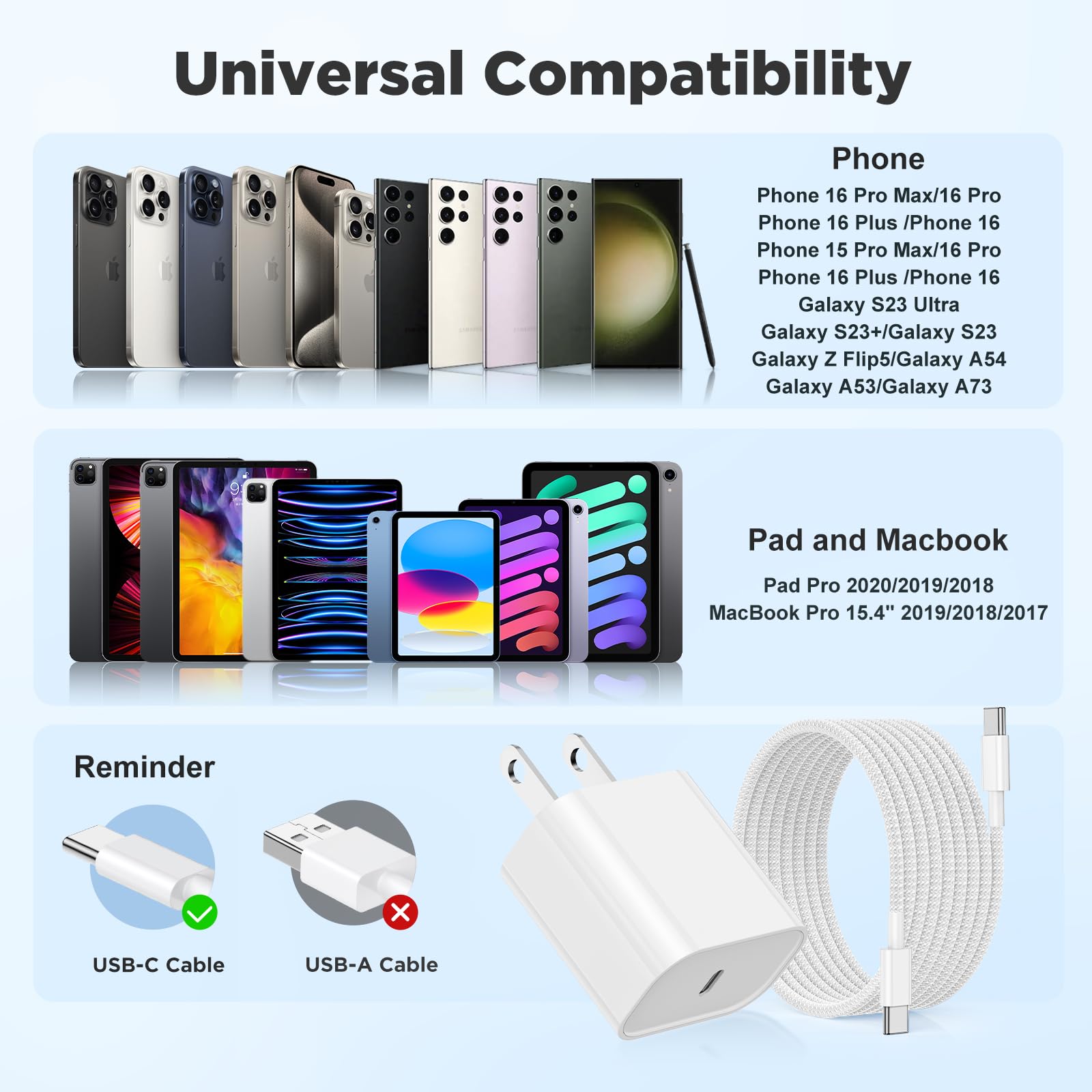 20W USB C Fast Charging for iPhone 17 Air/16/15 Pro Max,3Pack Colorful Mixed Charger Block with Braided Long USB C to C Cables (6/6/10ft) Compatible with iPhone16/15 Pro/15 Plus/iPad Pro