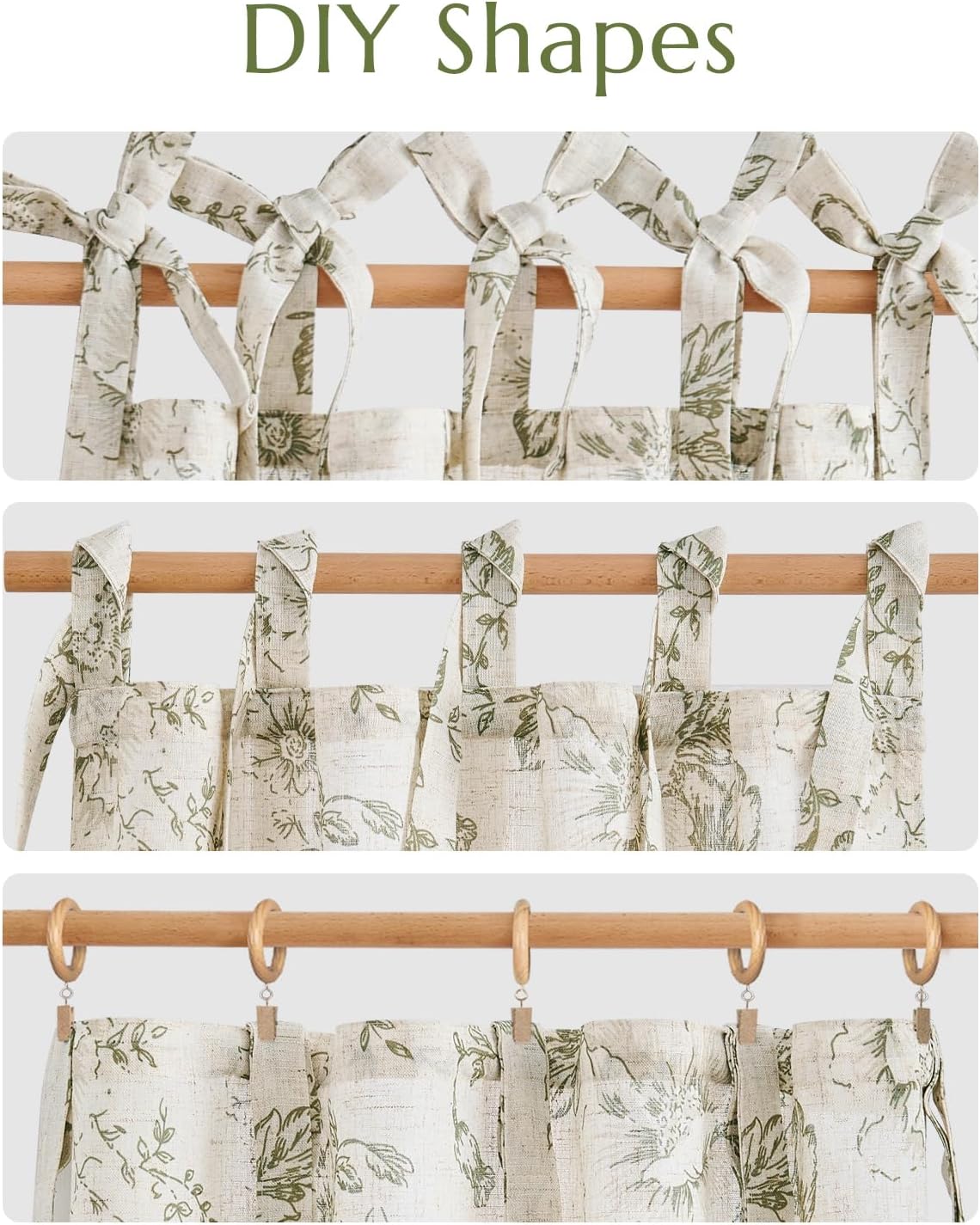 jinchan Floral Linen Tier Curtains 24 Inch Farmhouse Cafe Curtains Tie Top Botanic Drapes for Small Windows Over Sink for Kitchen Country Rustic Laundry Room Bathroom RV 2 Panels Green on Beige