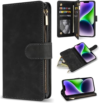 for iPhone 14 Plus Wallet Case Zipper Pocket 6.7 inch,Black