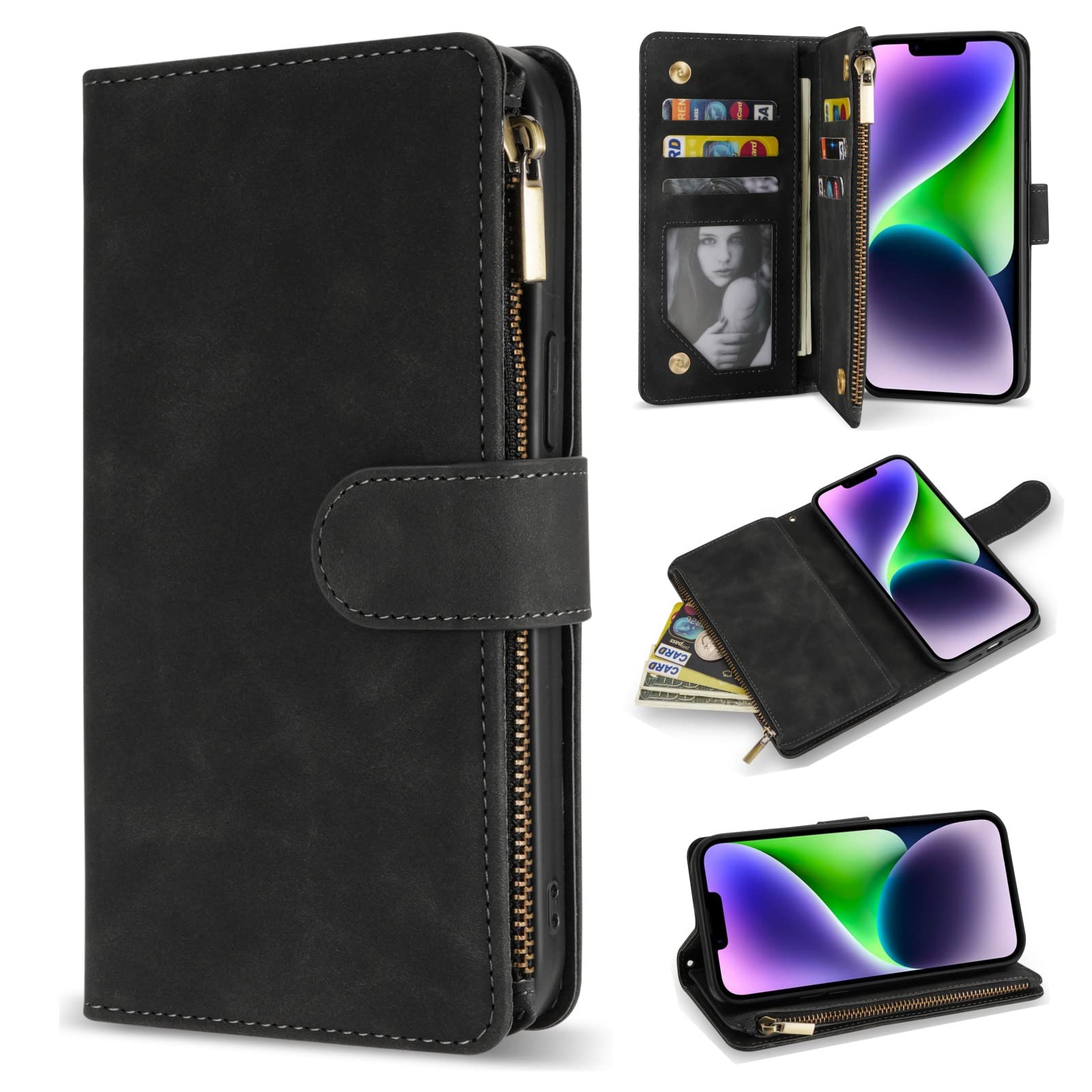 ZZXX for iPhone 14 Plus Case Wallet with [RFID Blocking] Card Slot Premium Soft PU Leather Zipper Flip Folio with Wrist Strap Kickstand Protective