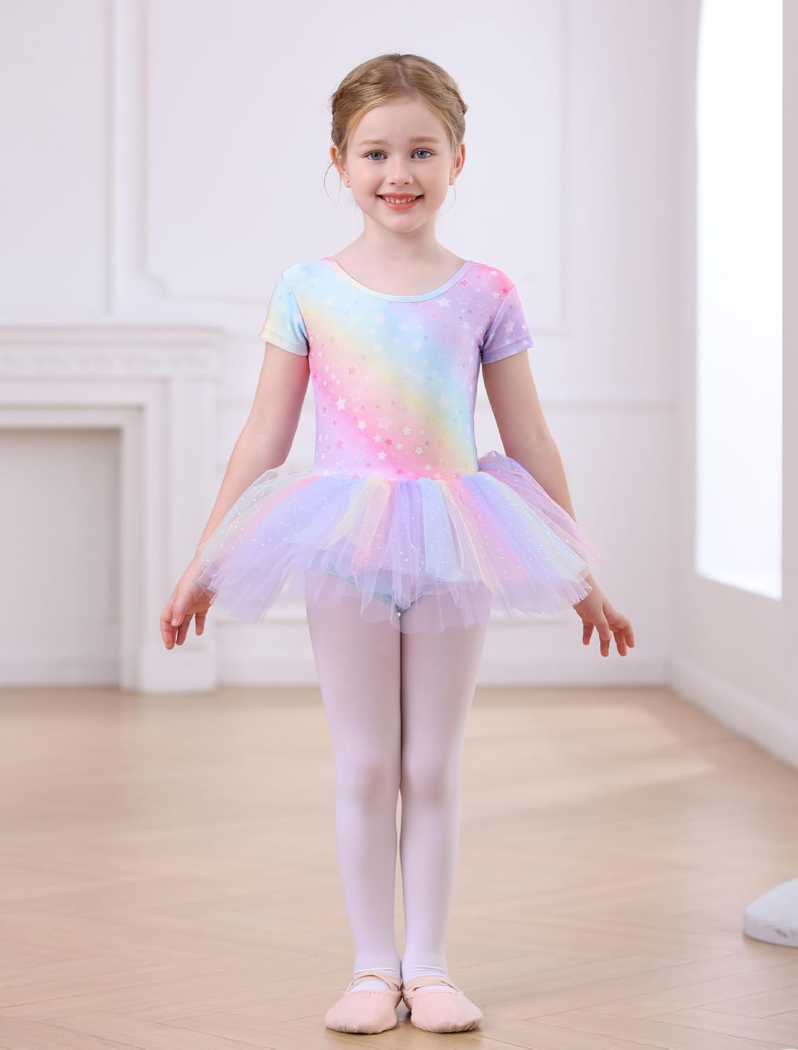 MdnMd Short Sleeve Glitter Dance Ballet Tutu Leotard Ballerina Outfit for Girls Toddler - Image 4