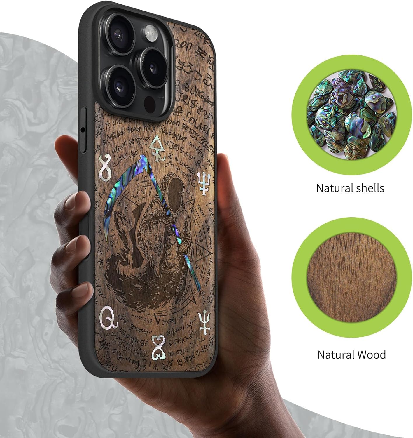 Carveit Magnetic Case for iPhone 16 Pro Case, Wood Artisan Engraved & Handmade Shell Inlaid, TPU Shockproof Cover, Compatible with MagSafe Wireless Chargers (The Grim Reaper of Carved) Walnut