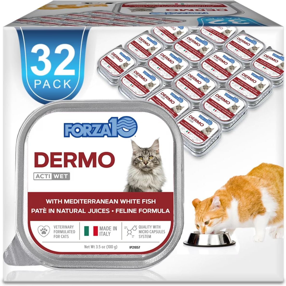 Forza10 - Cat Food, Actiwet Dermo Wet Cat Food, Non GMO, Vet-Approved for Sensitive Stomach and Skin with Support for Feline Dermatitis, Salmon Flavor, (3.5 oz, 32 Pack)