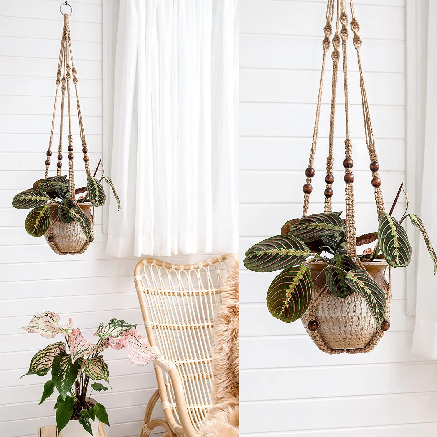 LOVE N BEYOND Aster Macrame Plant Hangers, Unique Designs,Handmade Cotton Rope Hanging Planters Flower Pots Holder Stand, for Indoor Outdoor Boho Home Décor Without Tassel (Brown Set of 2) 1