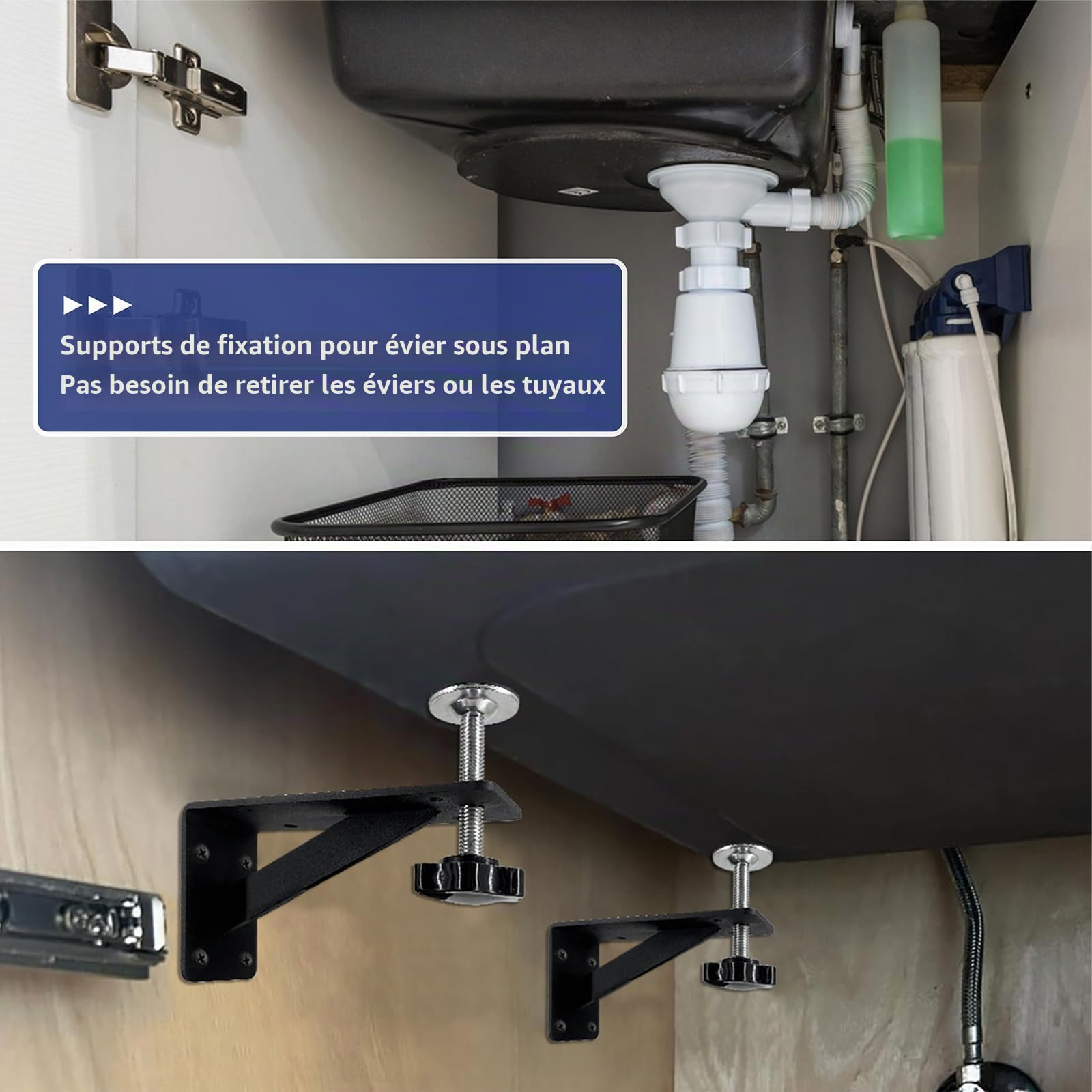 Lot de 4 Support D'Évier Encastré, Réglables Support En Acier Inoxydable, Kit De Support D'Évier Encastré, Système D'Installation Et Réparation Pour Évier De Cuisine
