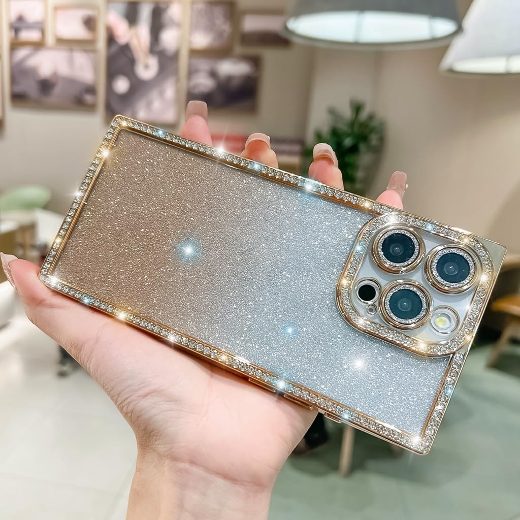 Cute Compatible with iPhone 14 Pro Max Case Rectangle Edge for Women,Luxury Glitter Case with Bling Rhinestones Sparkle Slim Camera Protective 14 Pro Max Case - 6.7 inch (Gold) image 2