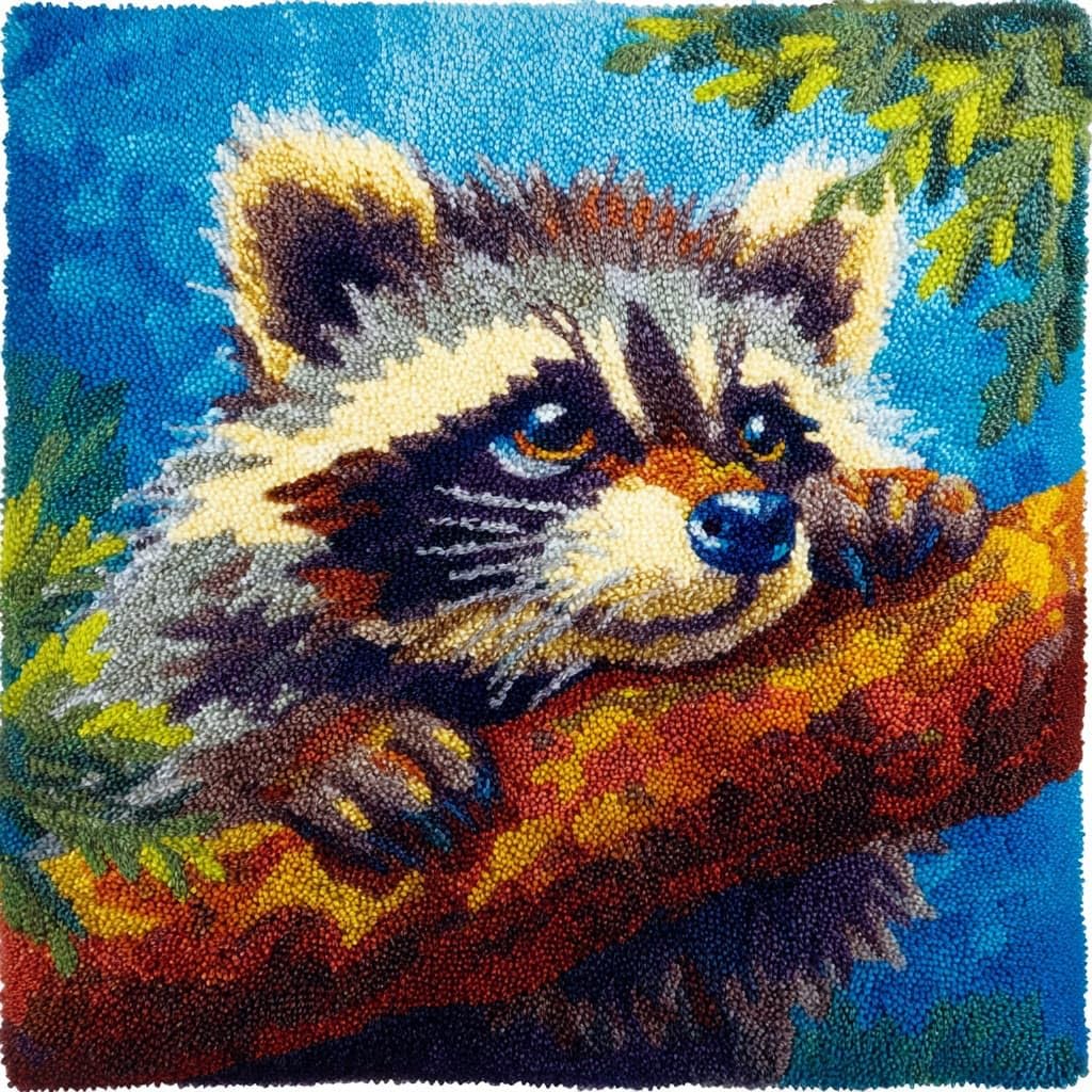 WallustrioaW Latch Hook Kits Pillow 17x17in,Animal Raccoon