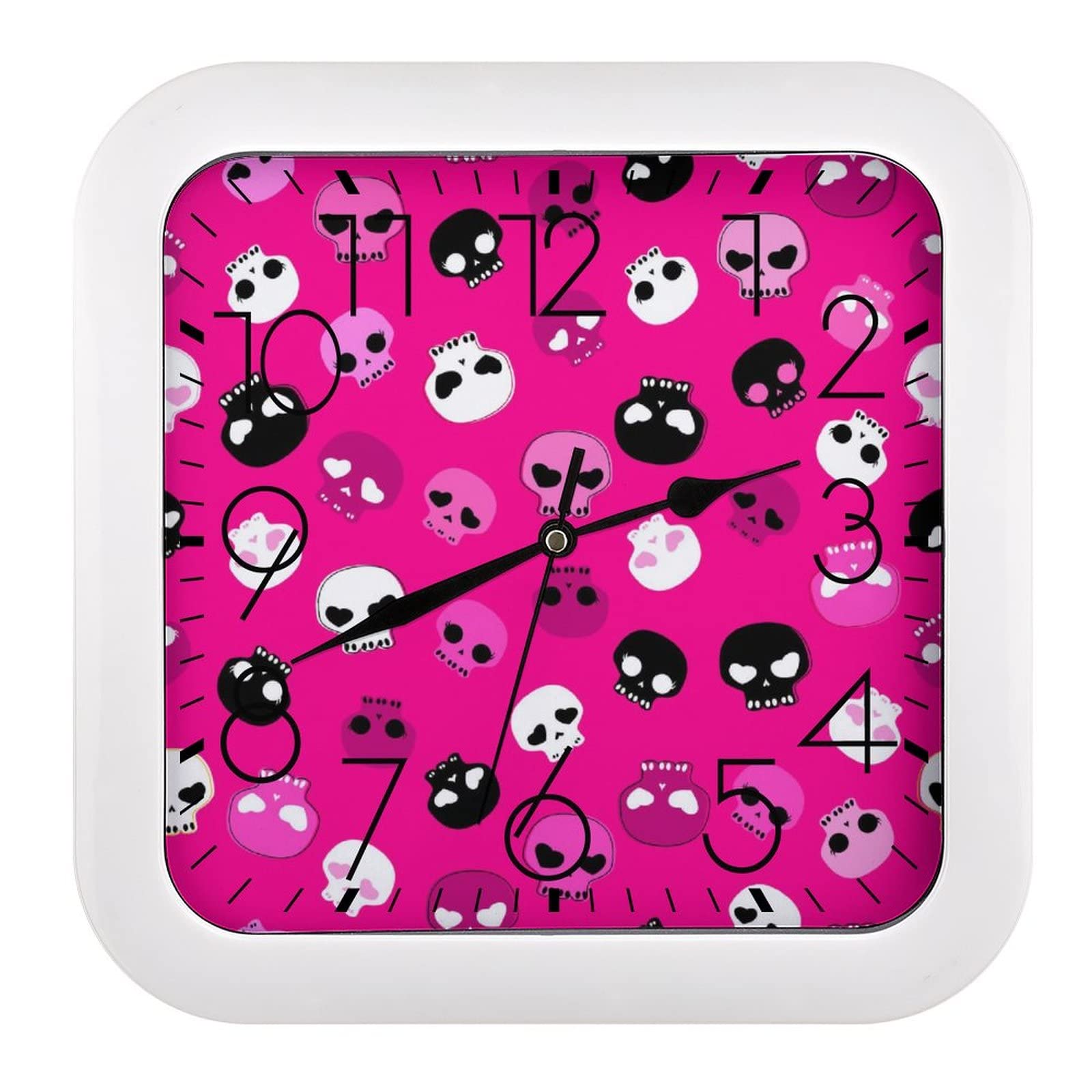 Pendule crâne rose noir moderne avec mécanisme silencieux et format carré 26x26cm